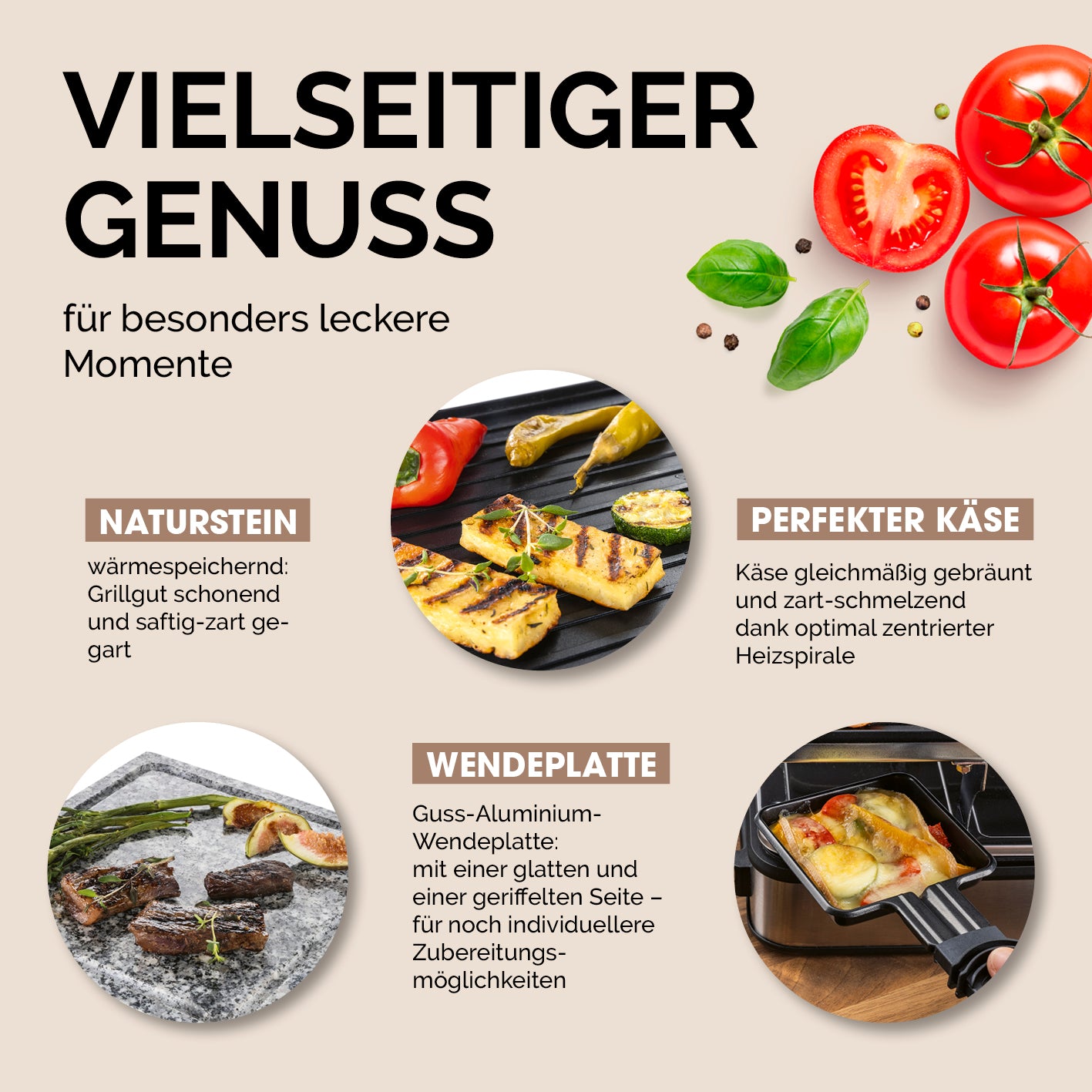 Raclettegrill - 8 Personen mit Naturstein- und Guss-Aluminiumplatte für gleichmäßiges Grillen und perfekten Käsegenuss am Tisch.