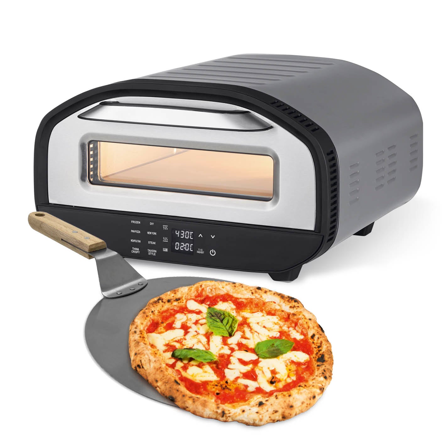 Elektro-Pizzaofen mit Pizzaheber von GOURMETmaxx, 1700W, 430°C, mit Timer, Touchdisplay und großem Einschub für Pizzen bis 32 cm.