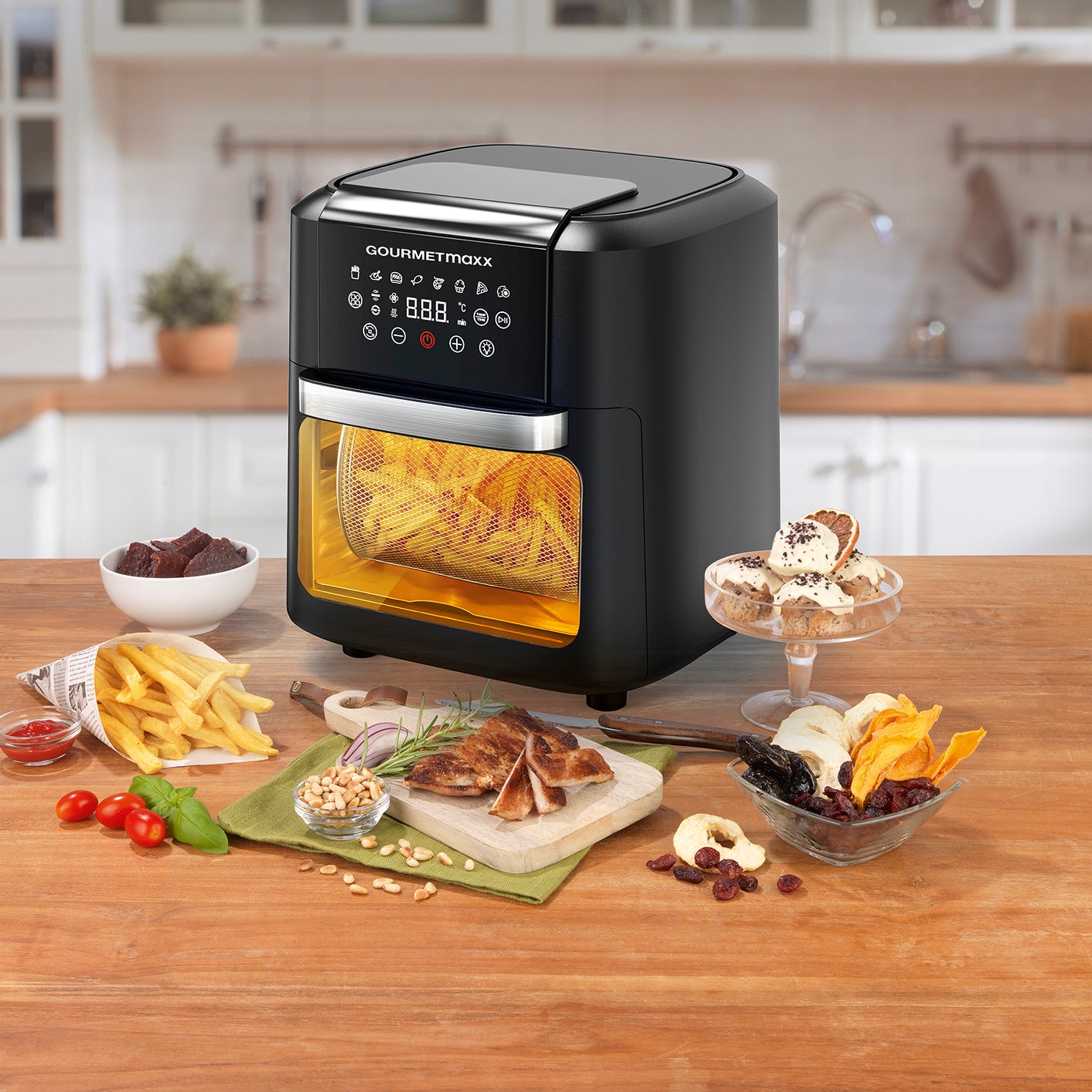 4in1-Heißluftfritteuse mit Touchdisplay - 11 L, XXL-Garraum, fettarmes Garen, Timer, Shake-Reminder für knusprige Gerichte