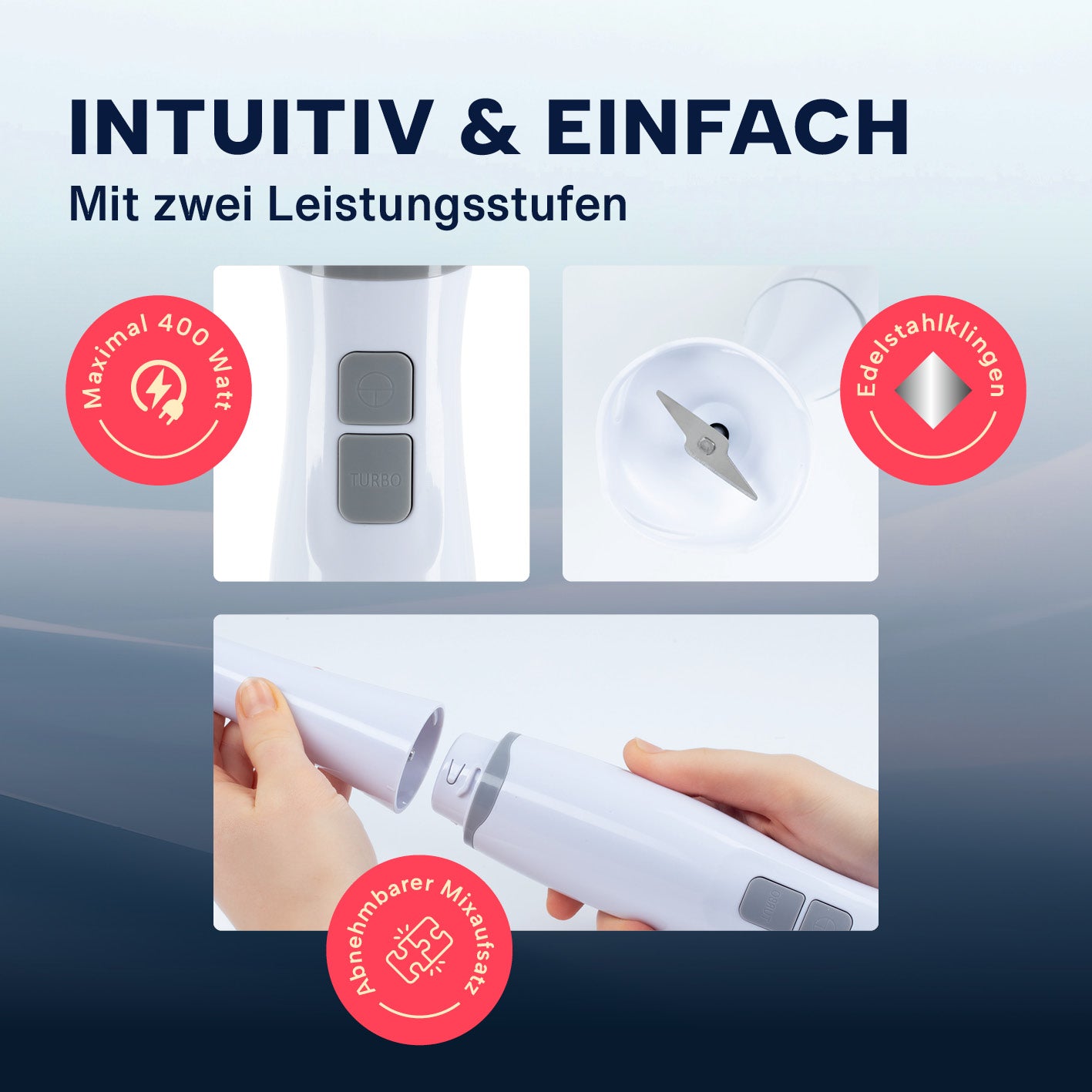 Stabmixer mit Messbecher - weiß/grau mit abnehmbarem Mixaufsatz, zwei Leistungsstufen und stabiler Edelstahlklinge, 700 ml Fassungsvermögen.