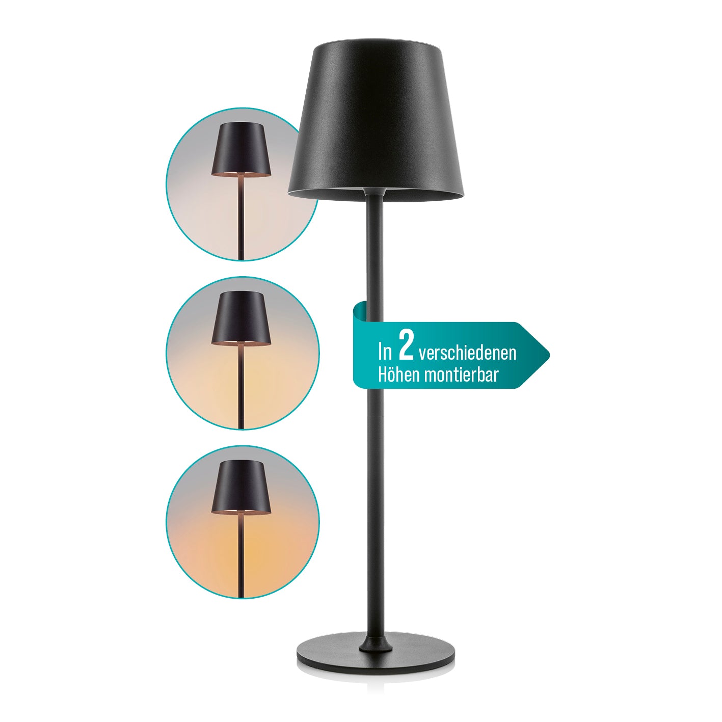 LED-Akku-Tischleuchte in schwarz, dimmbar, mit Touch-Funktion, kabellos, in 2 Höhen montierbar, für drinnen und draußen, IP44.