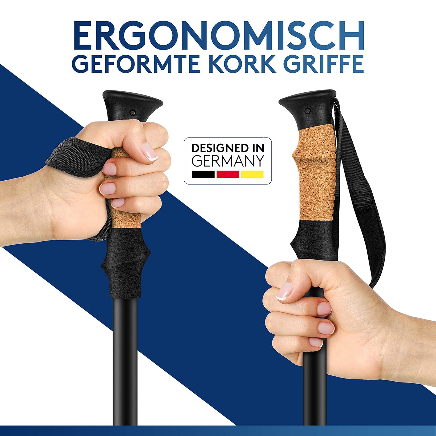 Teleskop Wanderstöcke mit Gummipuffer Set - Aluminium mit ergonomisch geformten Korkgriffen und verstellbaren Handschlaufen