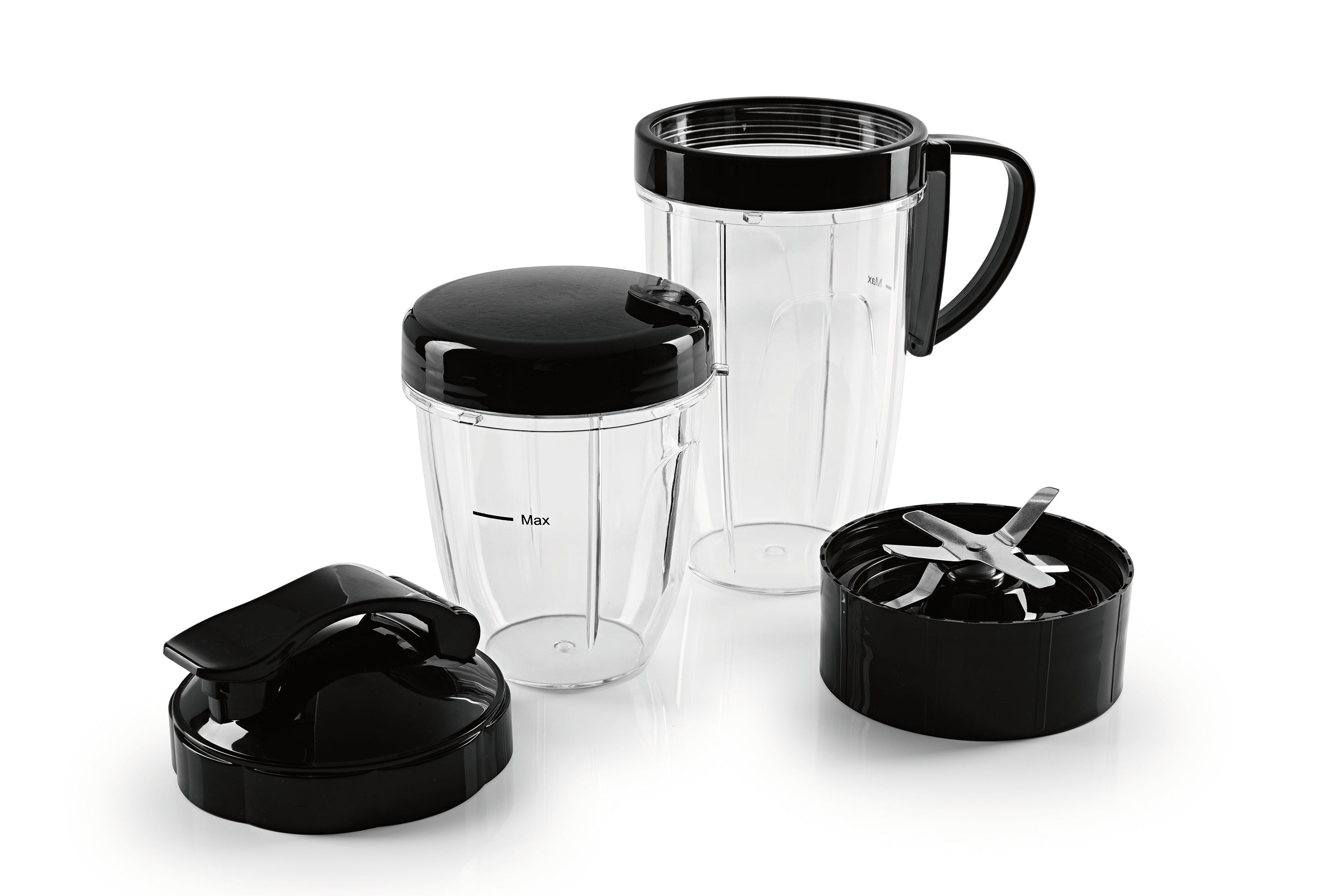 Zubehörset L für Nutrition Mixer Pro 1.000 - Schwarz mit Bechergriff, Präzisionsklinge, To-go- und Frischhaltedeckeln.