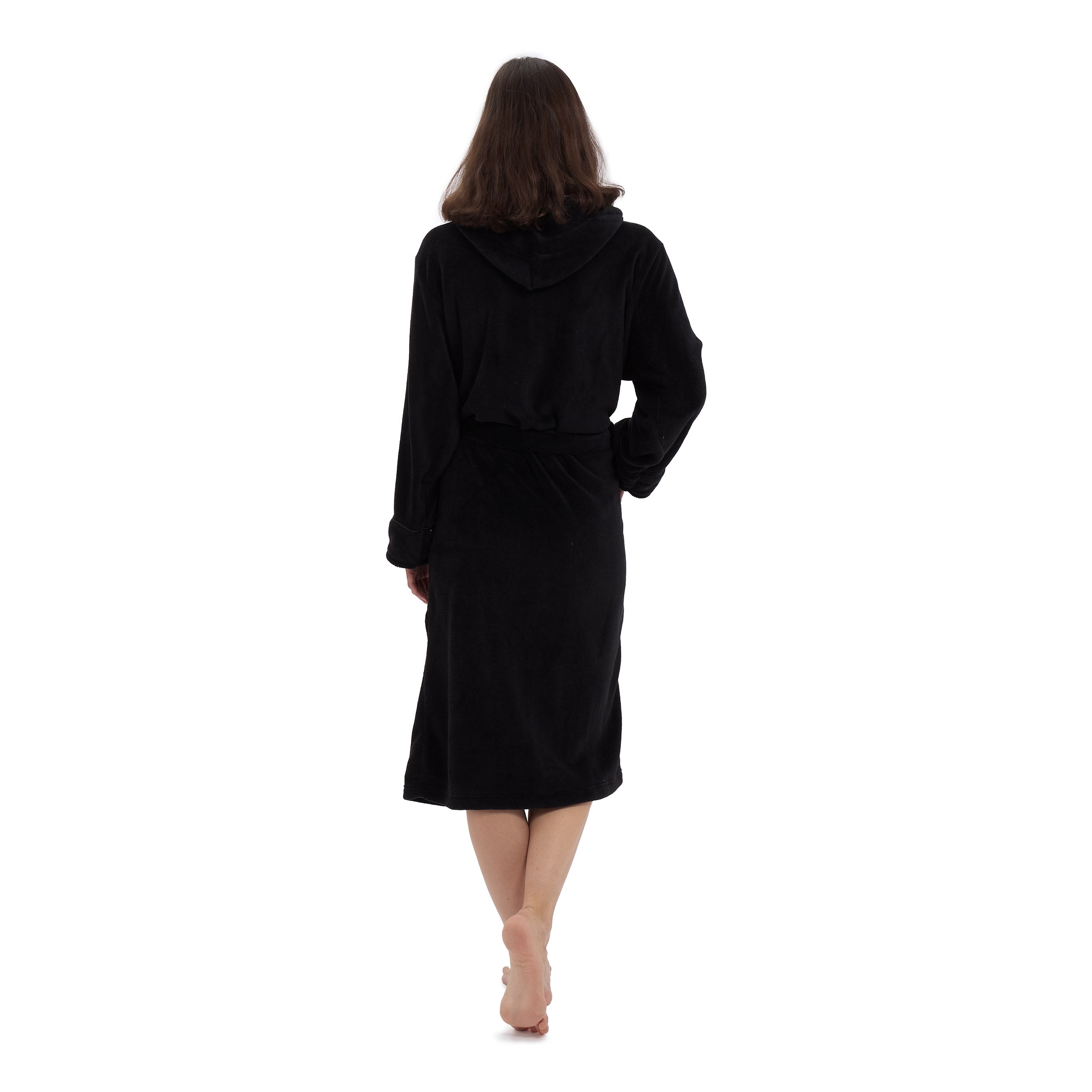 Luxury Mikrofaser Bademantel mit Kapuze für Damen und Herren in Schwarz, Größe L, kuschelig, bequem und schnell trocknend.