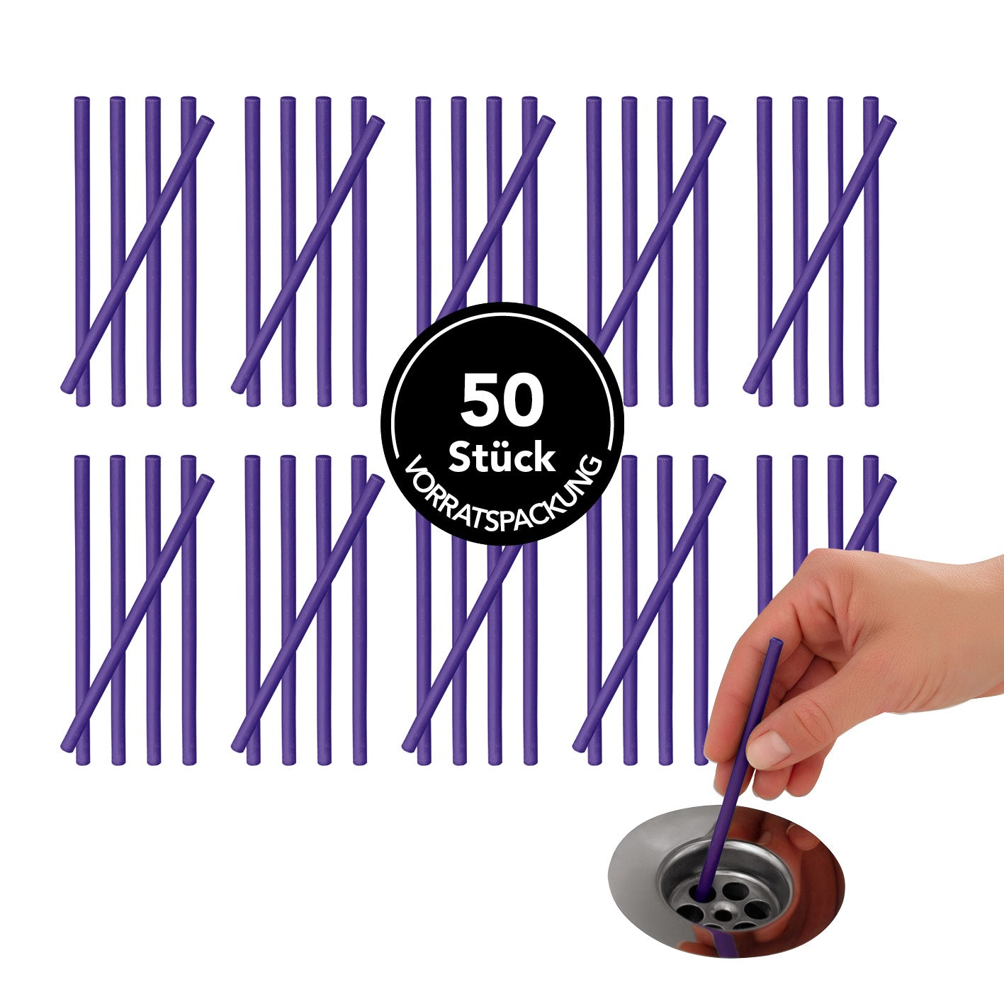 Abflussreiniger-Stick Lavendel - 50er-Set, lila Reinigungsticks für saubere Abflüsse und Geruchsbeseitigung bei Waschbecken und Dusche.