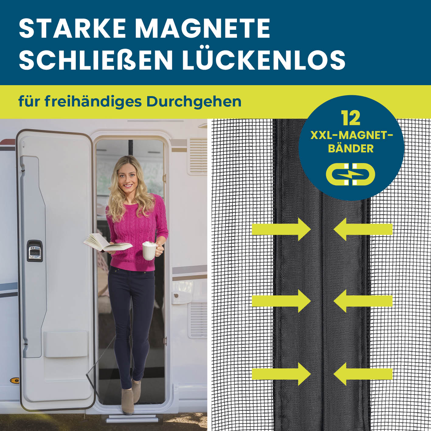 Insekten- & Pollenschutzvorhang für Wohnwagen 60x195 cm mit starken Magnetbändern für sicheren Insektenschutz beim Camping.
