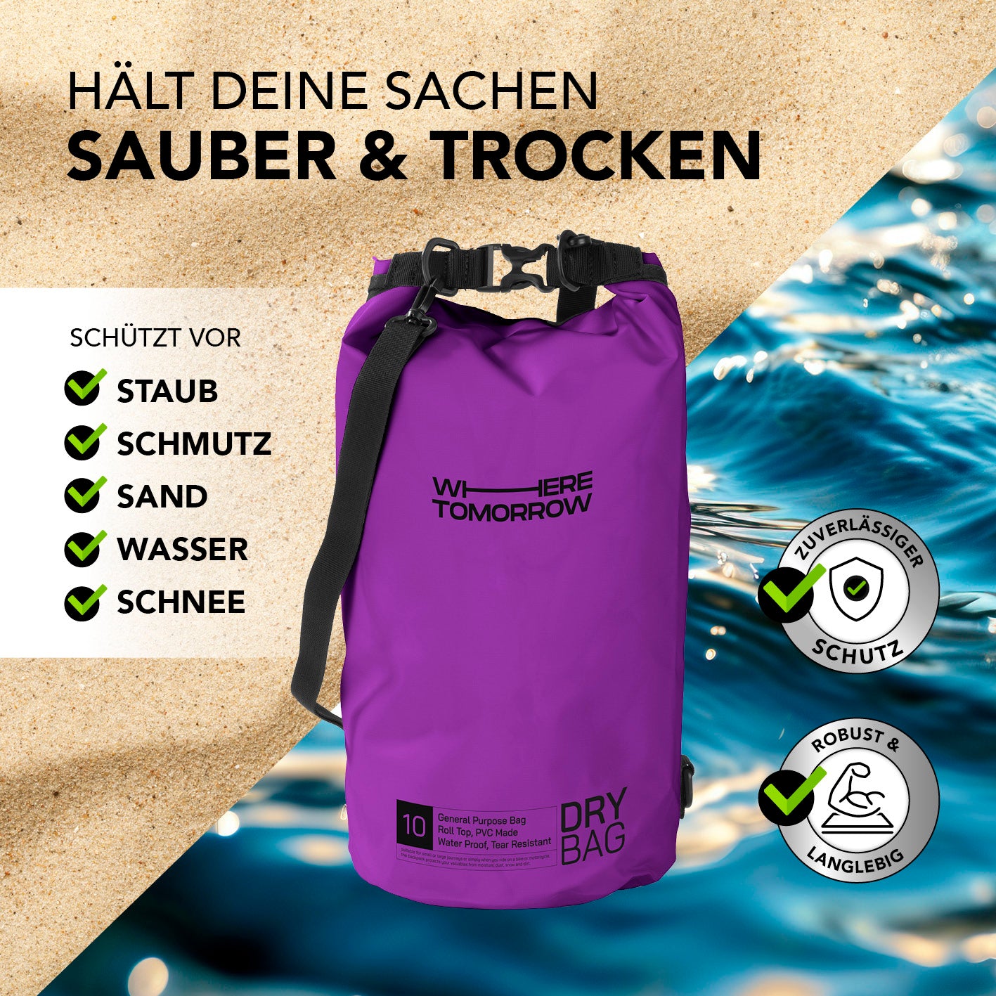 Dry Bag 10L - Style 01 - Lila, wasserdichter, robuster Rucksack mit Rolltop-Verschluss für sicheren Schutz bei Outdoor-Abenteuern.