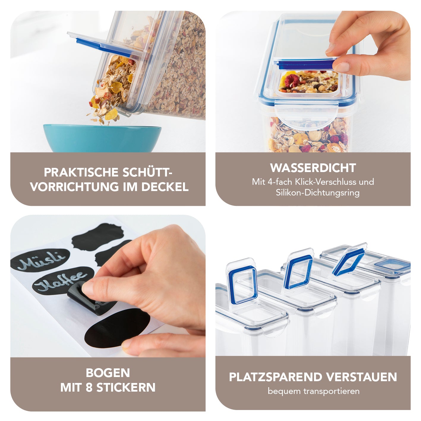 Frischhaltedosen Klick-it hoch - 8-tlg., weiß/blau, mit 4-fach Klickverschluss, Schüttvorrichtung, 8 Stickern, platzsparend und wasserdicht.