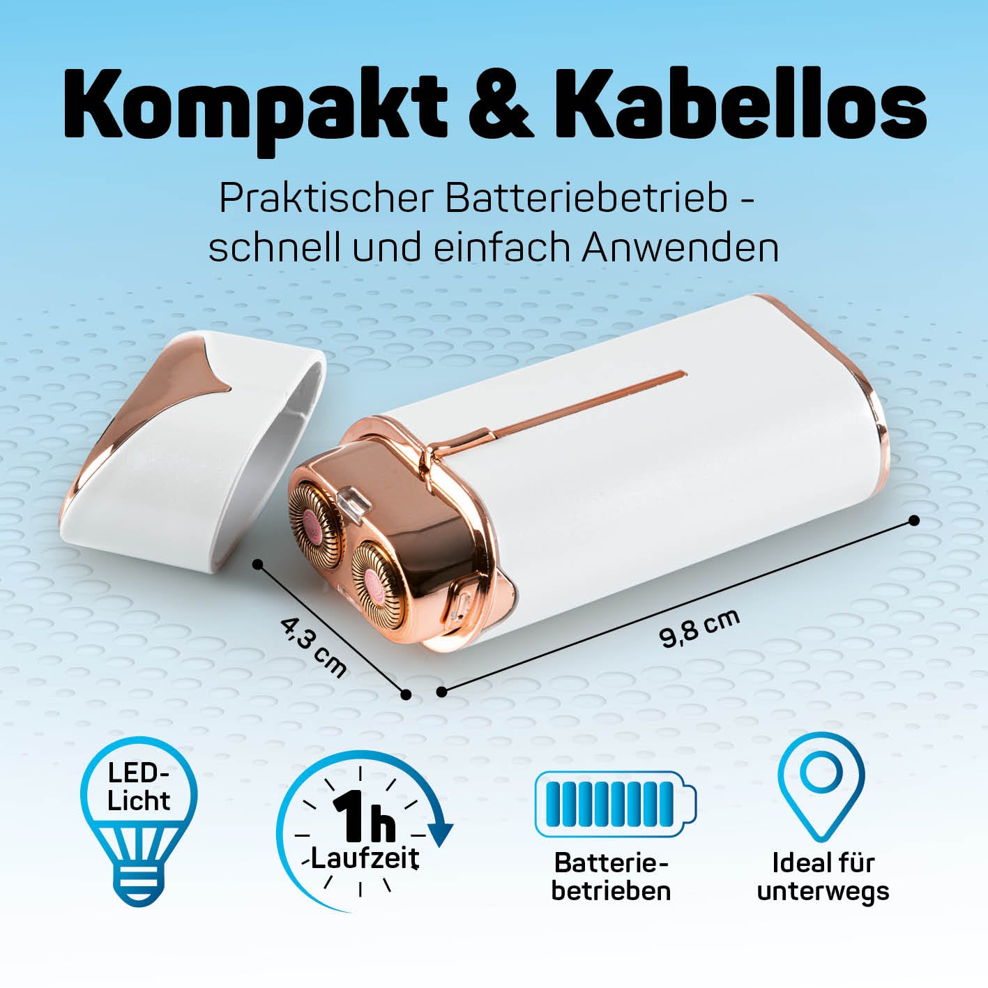 Mini-Damenrasierer kabellos mit 3D-Rotationsklingen, LED-Licht, batteriebetrieben und kompakt für sanfte Haarentfernung unterwegs.