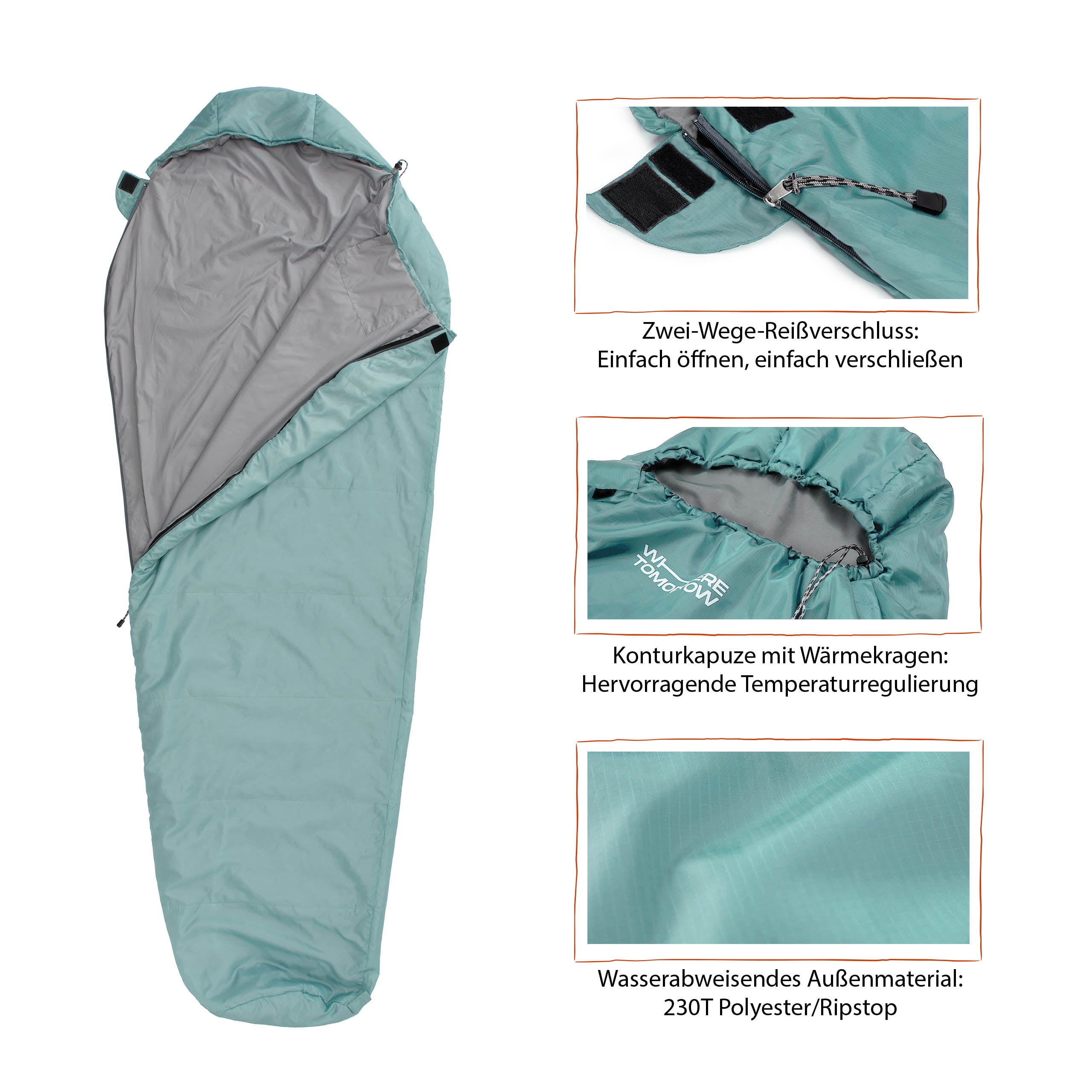 Camping Schlafsack Small & Light - Mumienschlafsack hellblau mit wasserabweisendem Material, Konturkapuze und Zwei-Wege-Reißverschluss.
