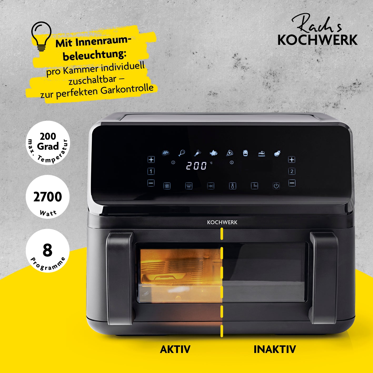Heißluft-Fritteuse Vario-Doppelkammer 9l mit Innenraumbeleuchtung, 8 Programmen und 2700 Watt für perfektes Garen und Braten.