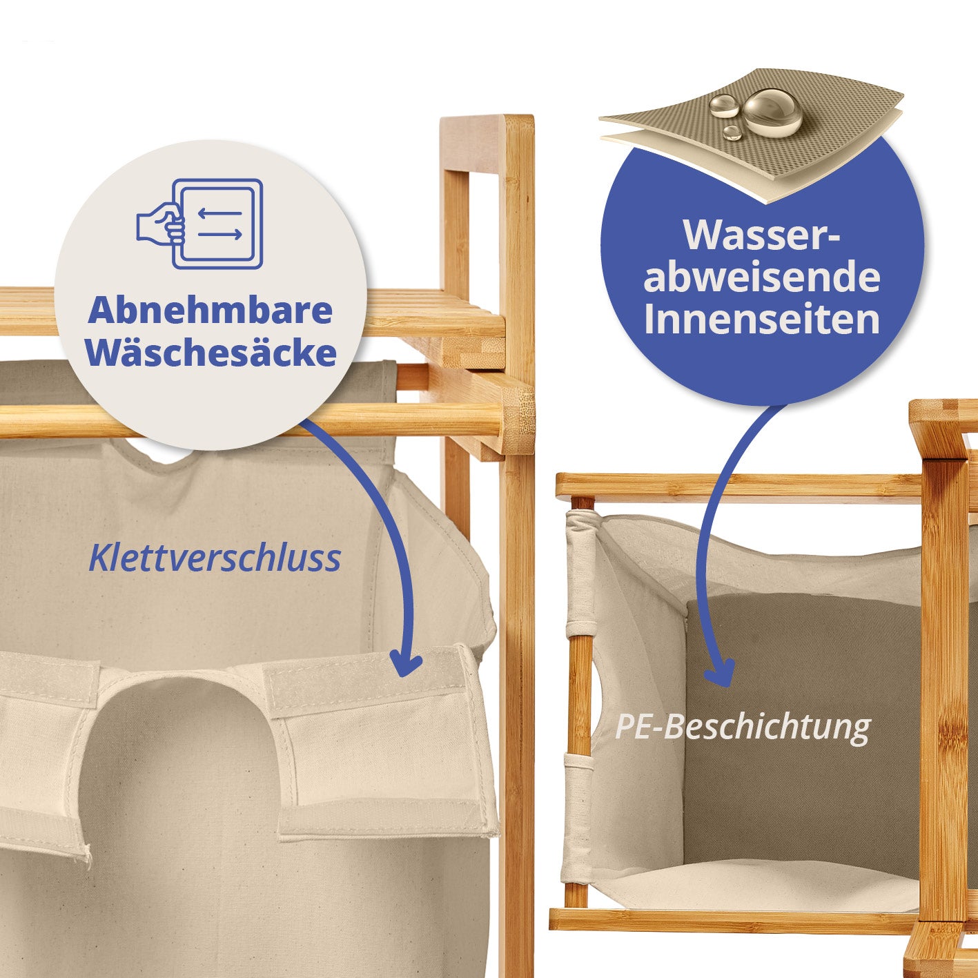 Bambus Wäschekorb mit ausziehbarem Wäschesack - 33 x 33 x 73 cm, beige, abnehmbar und wasserabweisend, mit Klettverschluss.