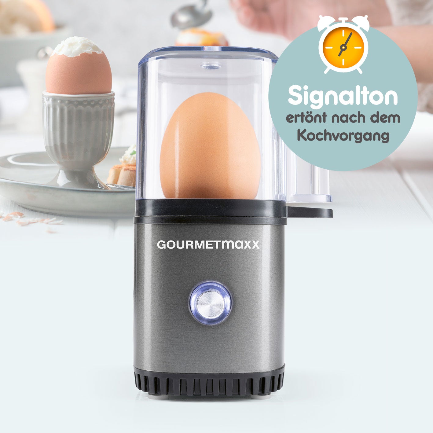 Design-Eierkocher 1 Ei - Anthrazit mit Signalton, kompakt und ideal zum perfekten Eierkochen ohne Herd oder Topf.
