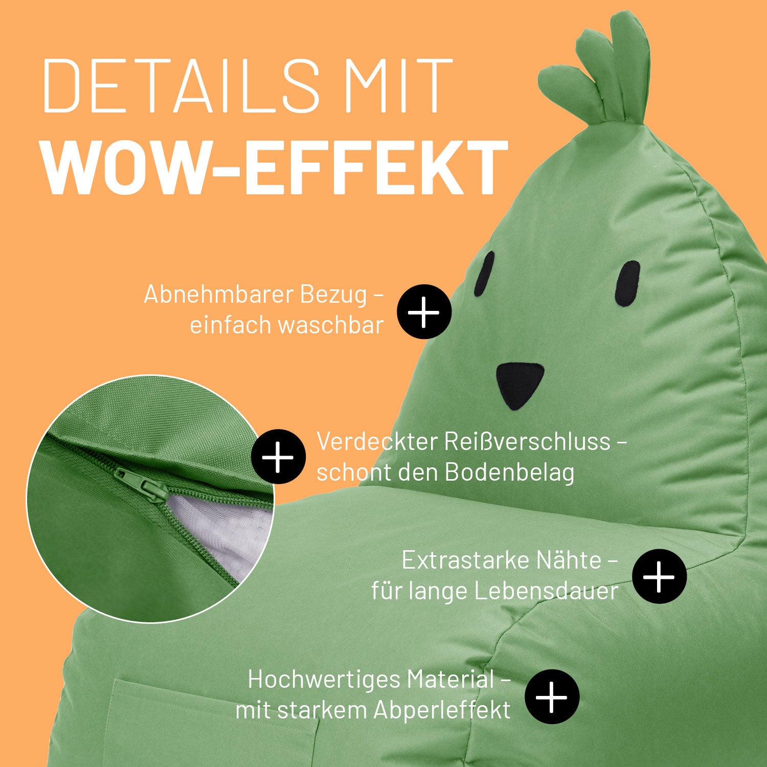 Kindersitzsack Animal Line Chick (200 L) in Pastell Grün mit abnehmbarem Bezug, verdecktem Reißverschluss und wasserabweisendem Material.
