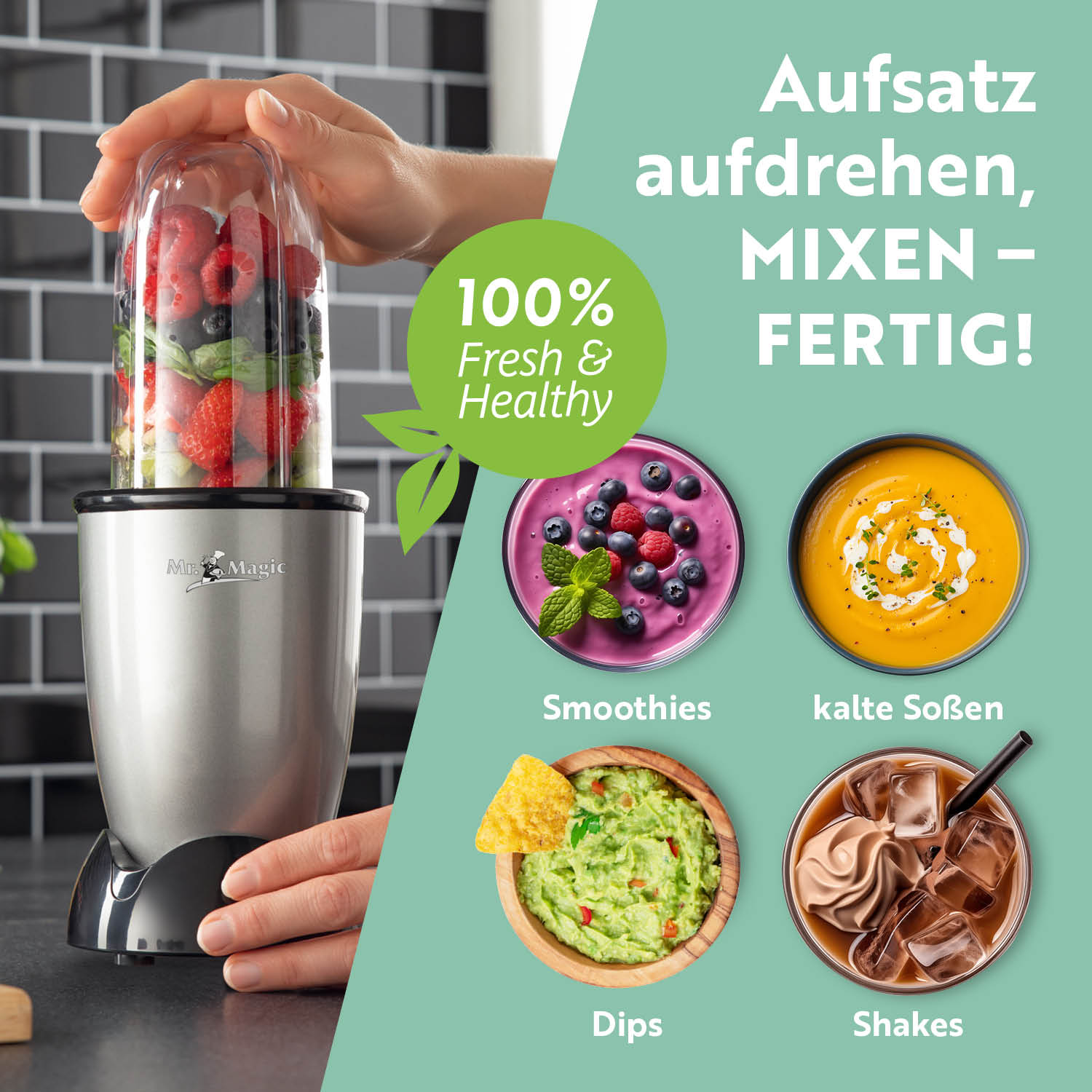 Mr. Magic Mixer - Silber/Schwarz kompakter Standmixer mit 400W für Smoothies, Shakes, Dips und kalte Soßen, einfach zu bedienen.