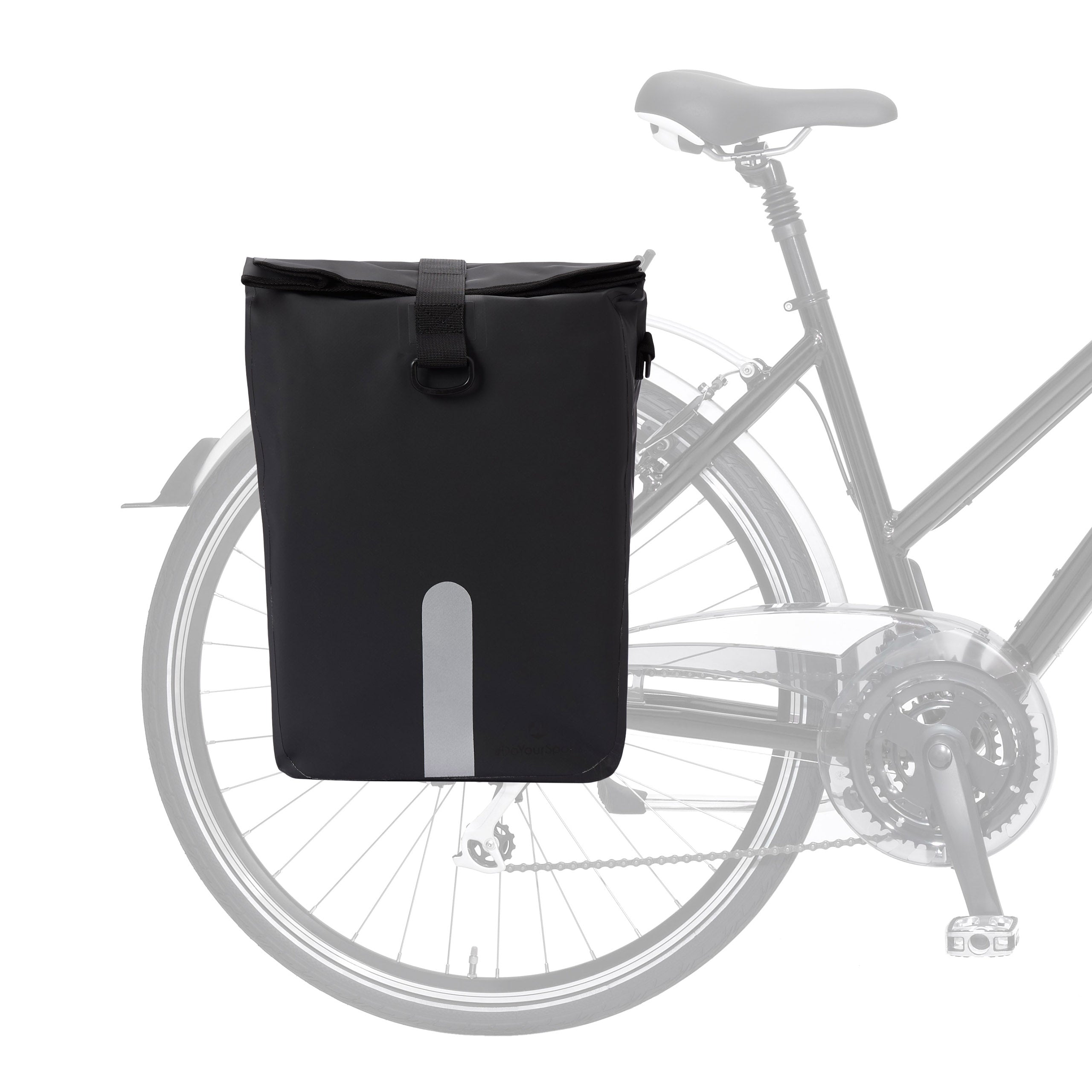 Wasserdichte Fahrradtasche Roll-Top - 21 L - Schwarz mit reflektierendem Streifen, vielseitig als Tasche und robust für jedes Wetter.