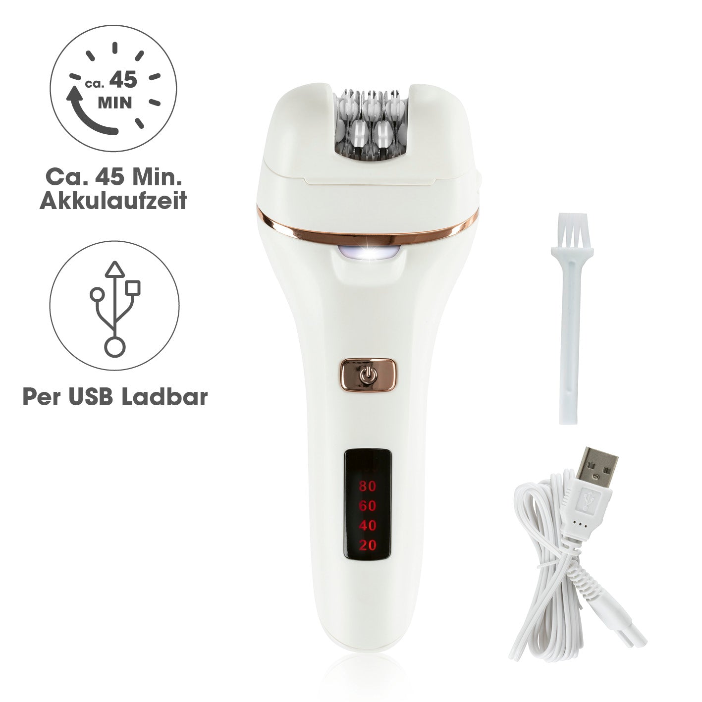 Epilierer inkl. Akku & USB-Kabel für präzise Haarentfernung, LED-Licht, Ladestandsanzeige und ca. 45 Min. Akkulaufzeit.
