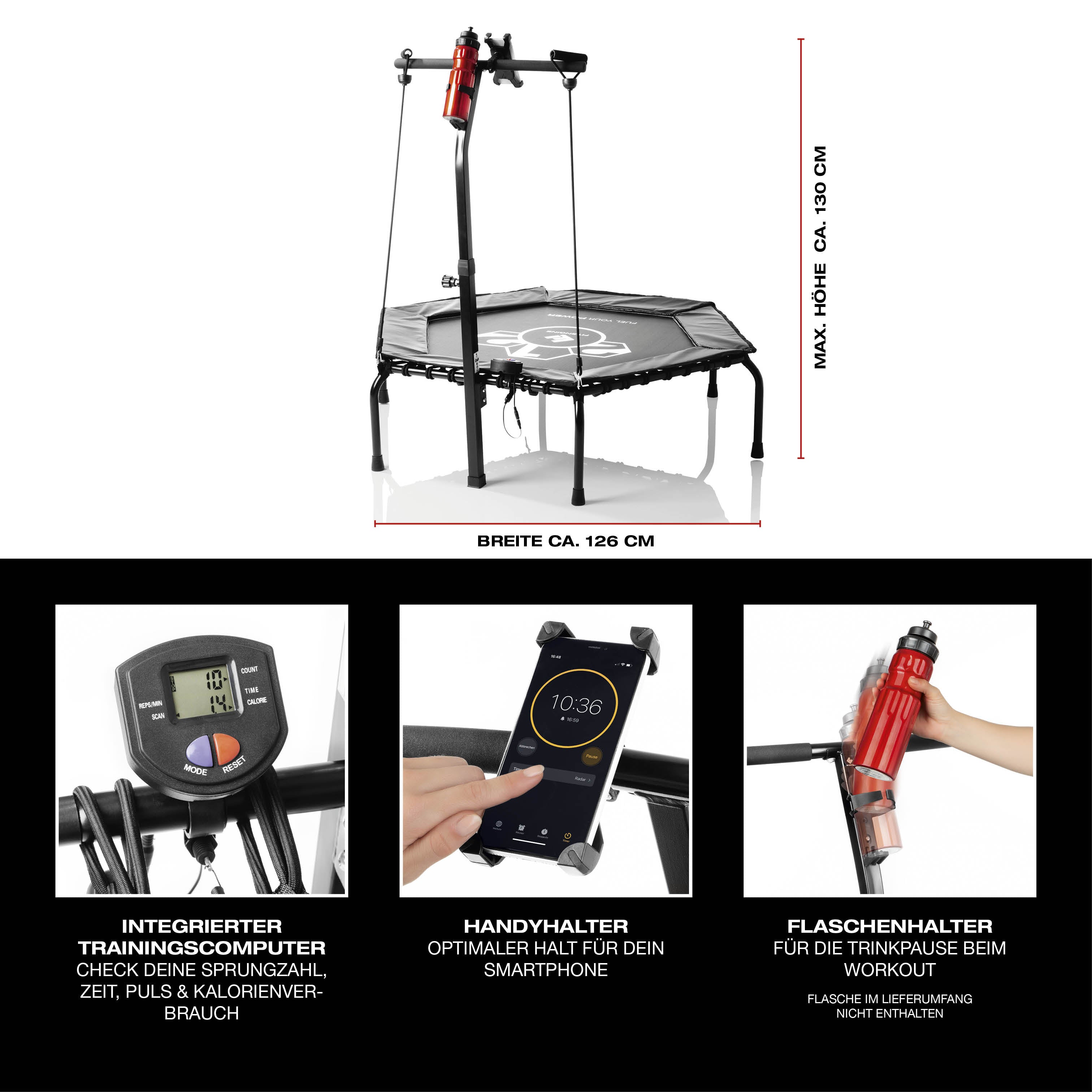 Fitness-Trampolin Smart mit 5-fach höhenverstellbarem Haltegriff, Trainingscomputer, Handy- und Flaschenhalter.