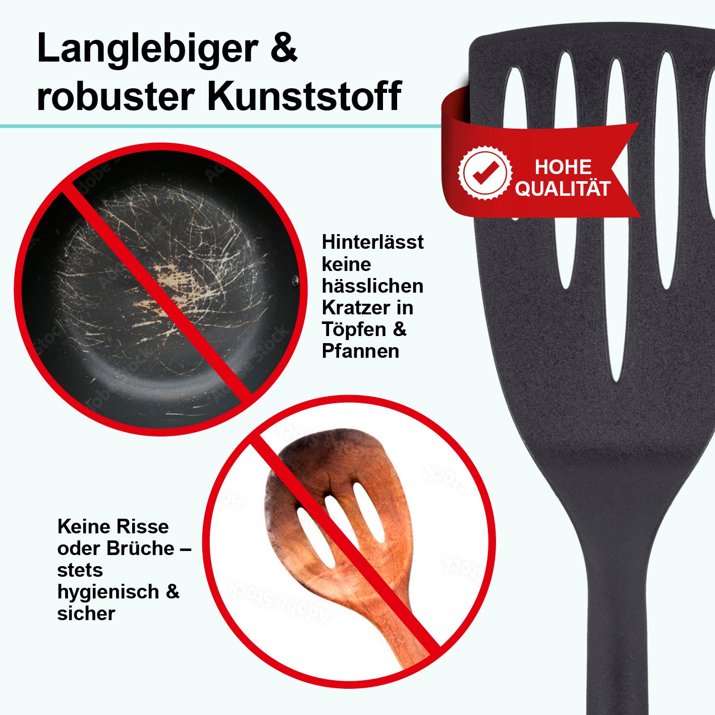 Küchenhelfer-Set mit praktischem Ständer - 7-teilig aus robustem, pfannenschonendem Kunststoff, langlebig und hitzebeständig.