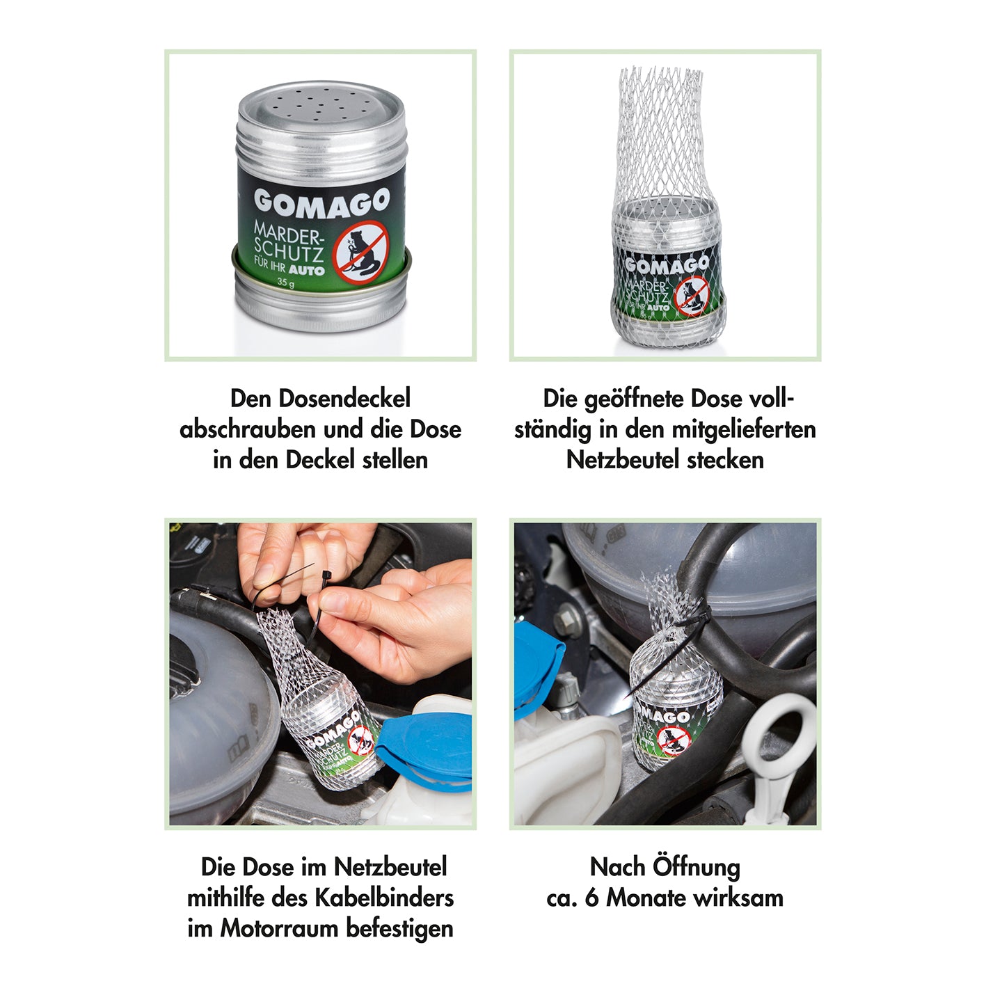 Mardervergrämung Auto mit Duftstoff zur Marderabwehr, einfach im Motorraum zu befestigen, ca. 6 Monate wirksam nach Öffnung.