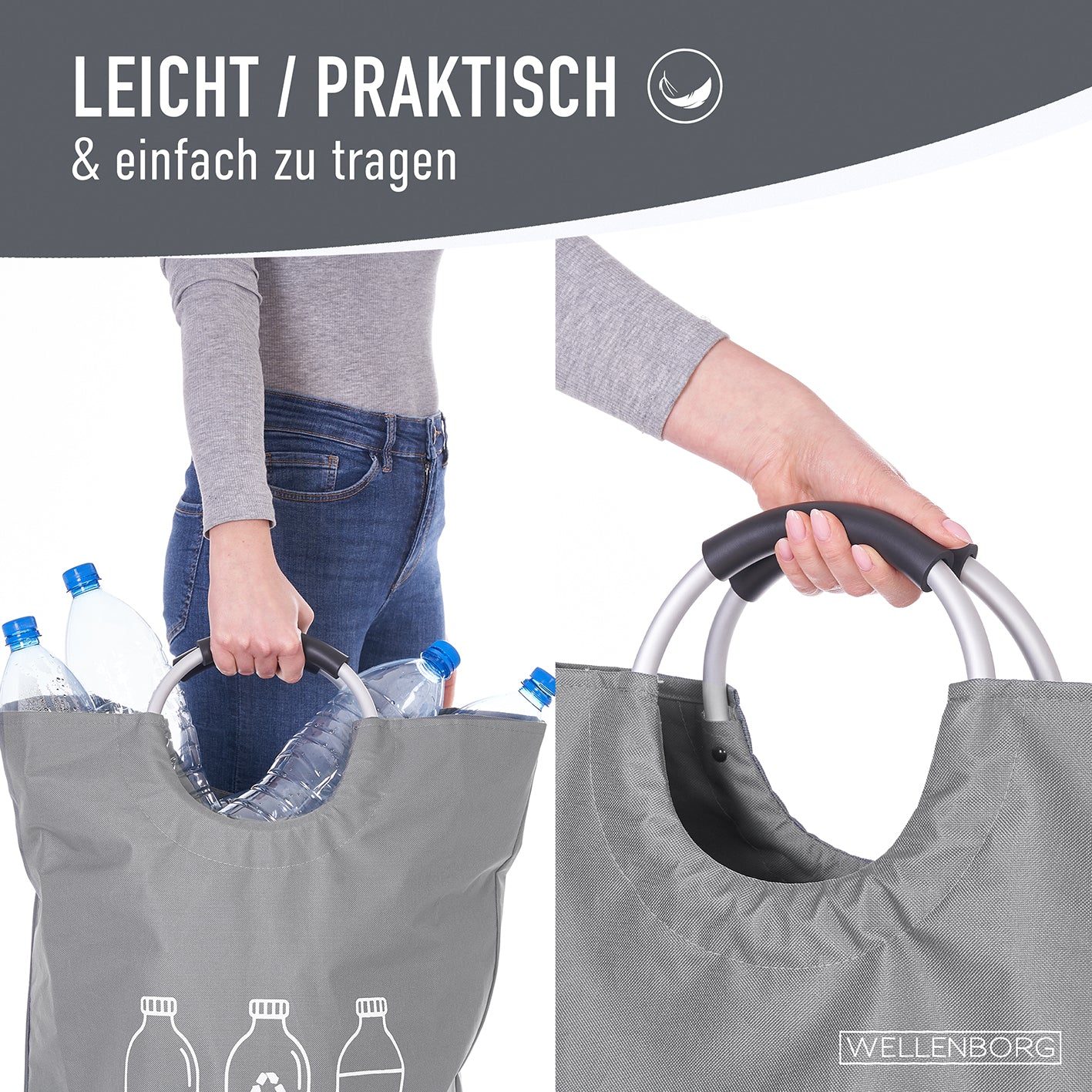 Faltbarer Pfandflaschen Sammelbehälter - Grau mit robusten Griffen, wasserabweisend und leicht zu tragen, ideal für Flaschen und Dosen.