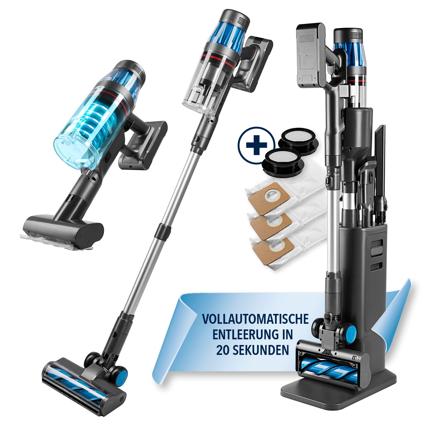 AeroTech 500 Staubsauger mit Absaugstation – Grau-Silber, kabellos mit automatischer Entleerung und leistungsstarkem 500 W Motor.