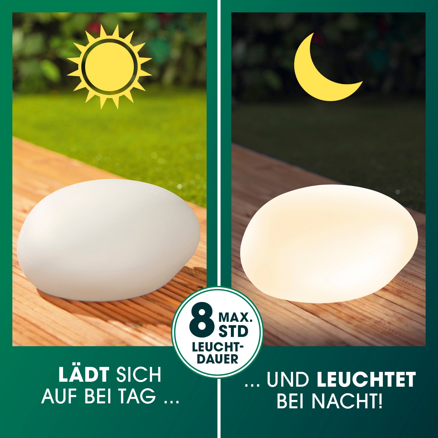 Solar-Leuchte Stein mit Farbwechsel, robust, IP67, mit Solarpanel, Tageslichtsensor und 4 LEDs für warmweißes Licht und Farbwechsel.