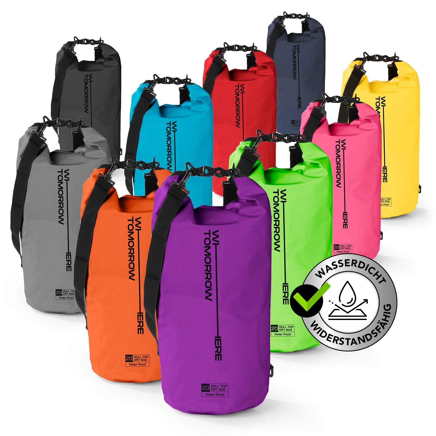 Dry Bag 20L - Style 02 - Lila wasserdichter, robuster Outdoor-Rucksack mit verstellbarem Schultergurt und Rolltop-Verschluss.