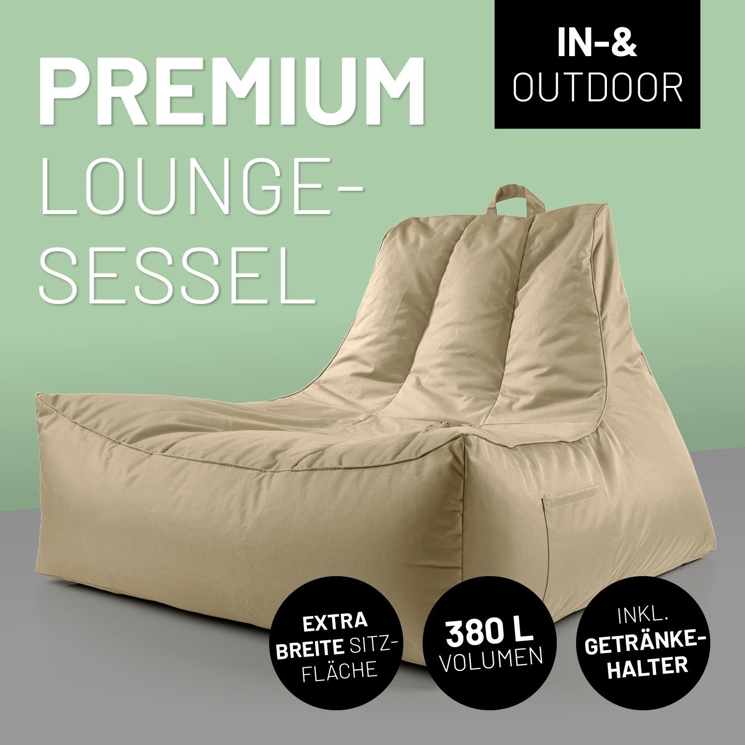Premium Lounge-Sessel - 380 L - 100 x 100 x 80 cm - Beige mit großer Sitzfläche, integriertem Getränkehalter und wetterfester Hülle für In- & Outdoor.