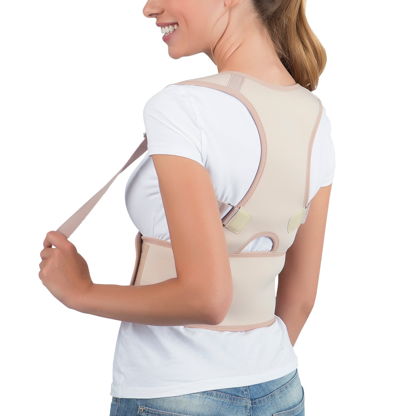 Rückenkorrektor - S/M - creme für bessere Haltung mit verstellbaren Trägern und weichem Material für angenehmen Sitz und Komfort.