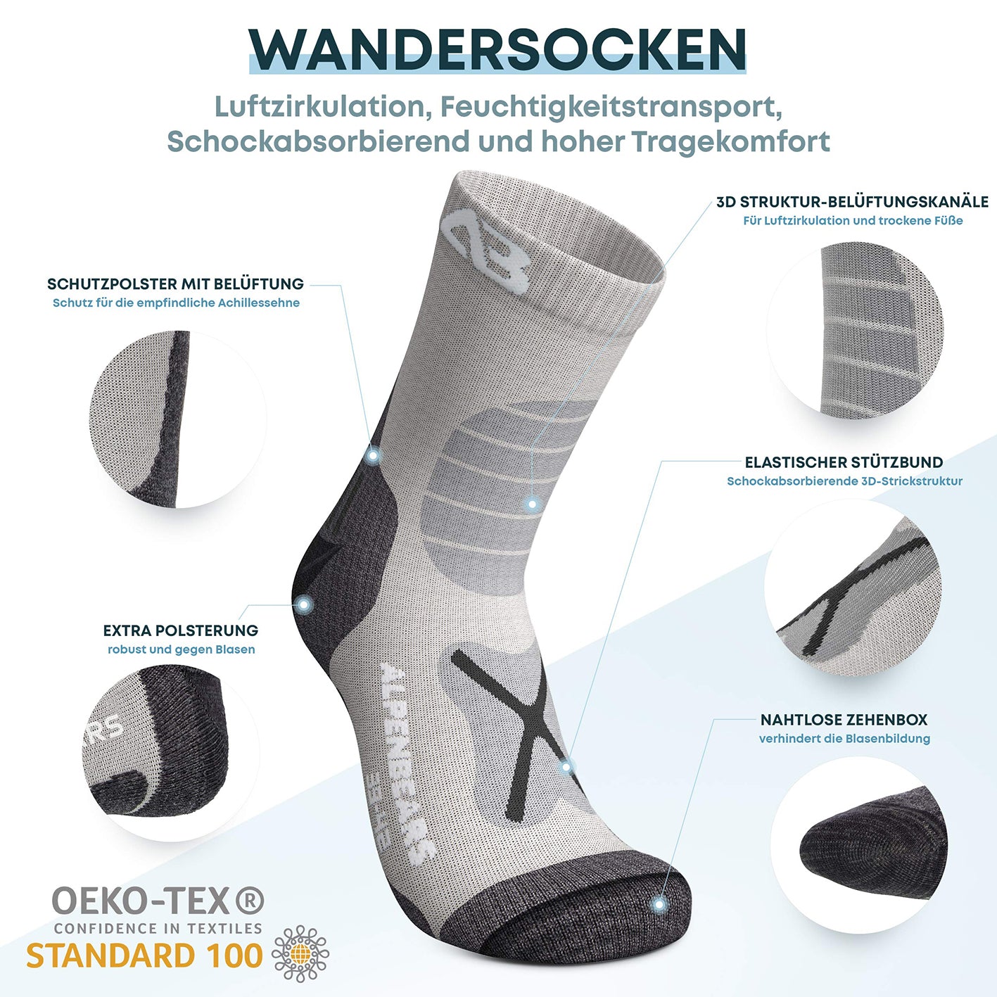 Wandersocken Merinowolle - 2er-Set - Grau - Größe 39-42 mit Polsterung, Belüftung und nahtloser Zehenbox für hohen Tragekomfort.