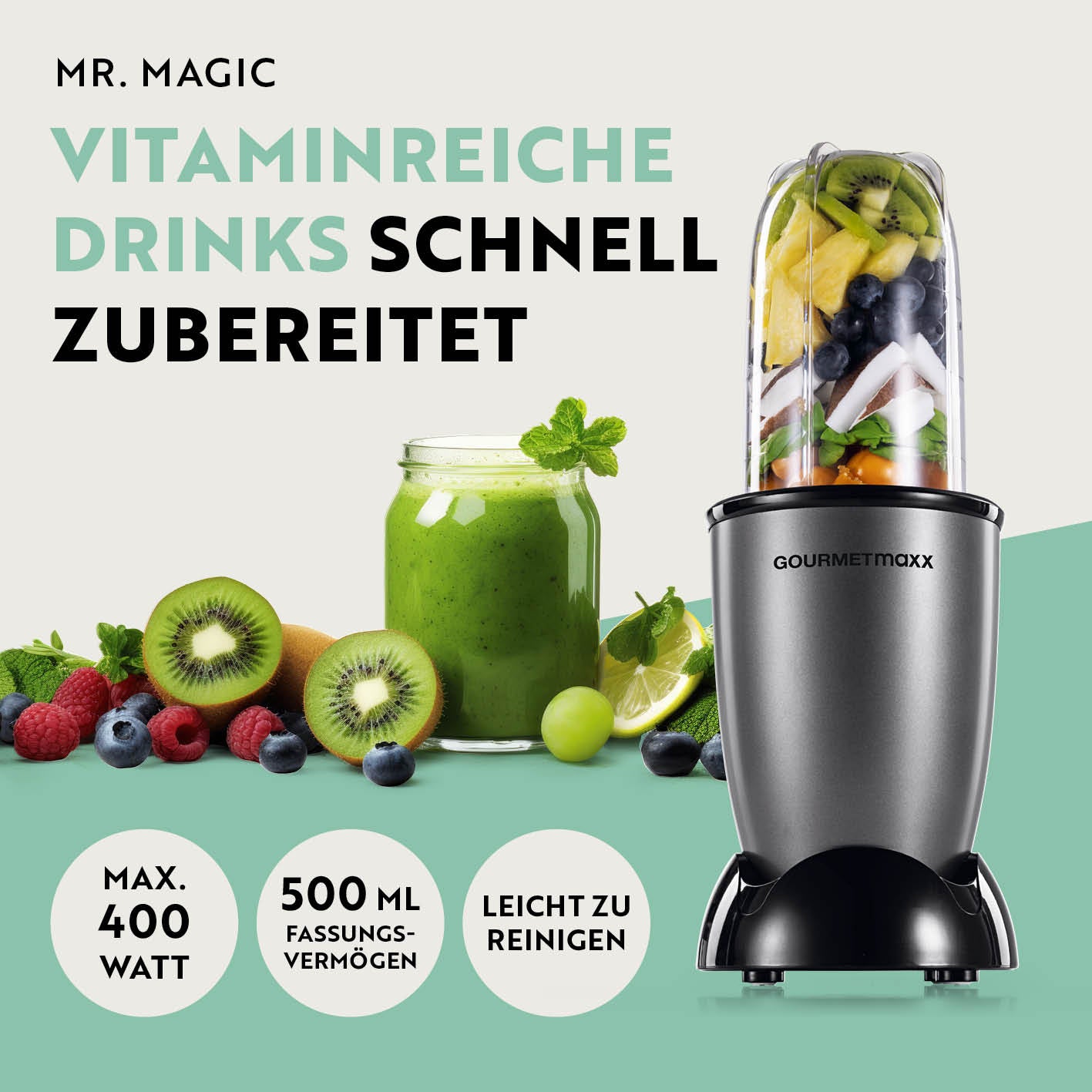 Mr. Magic Power 400 Pro mit Zubehörset L - Anthrazit/Schwarz kompakter Standmixer für schnelle vitaminreiche Drinks und einfache Reinigung