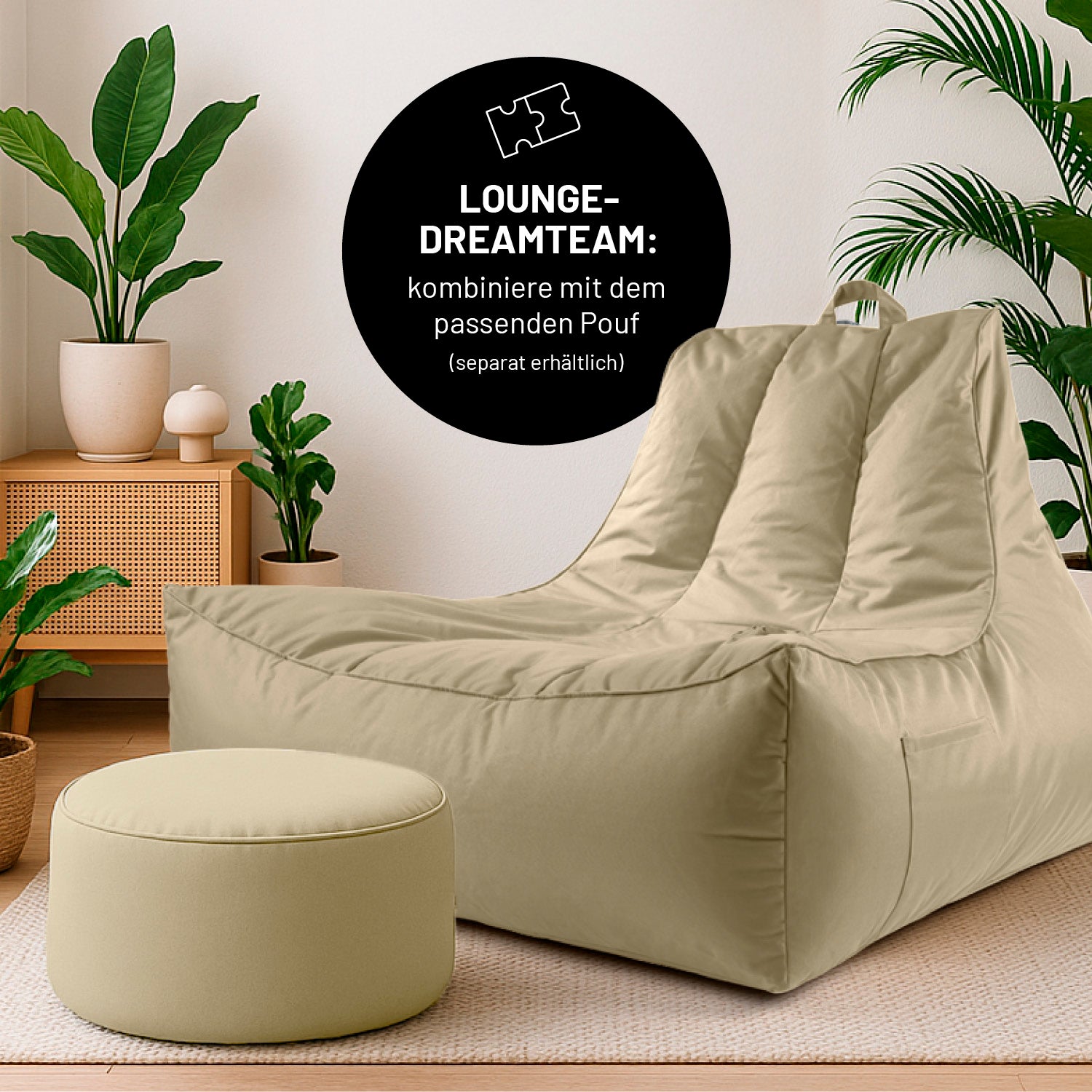 Premium Lounge-Sessel - 380 L - 100 x 100 x 80 cm - Beige mit gemütlicher Sitzfläche und moderner Optik in hellem Beige.
