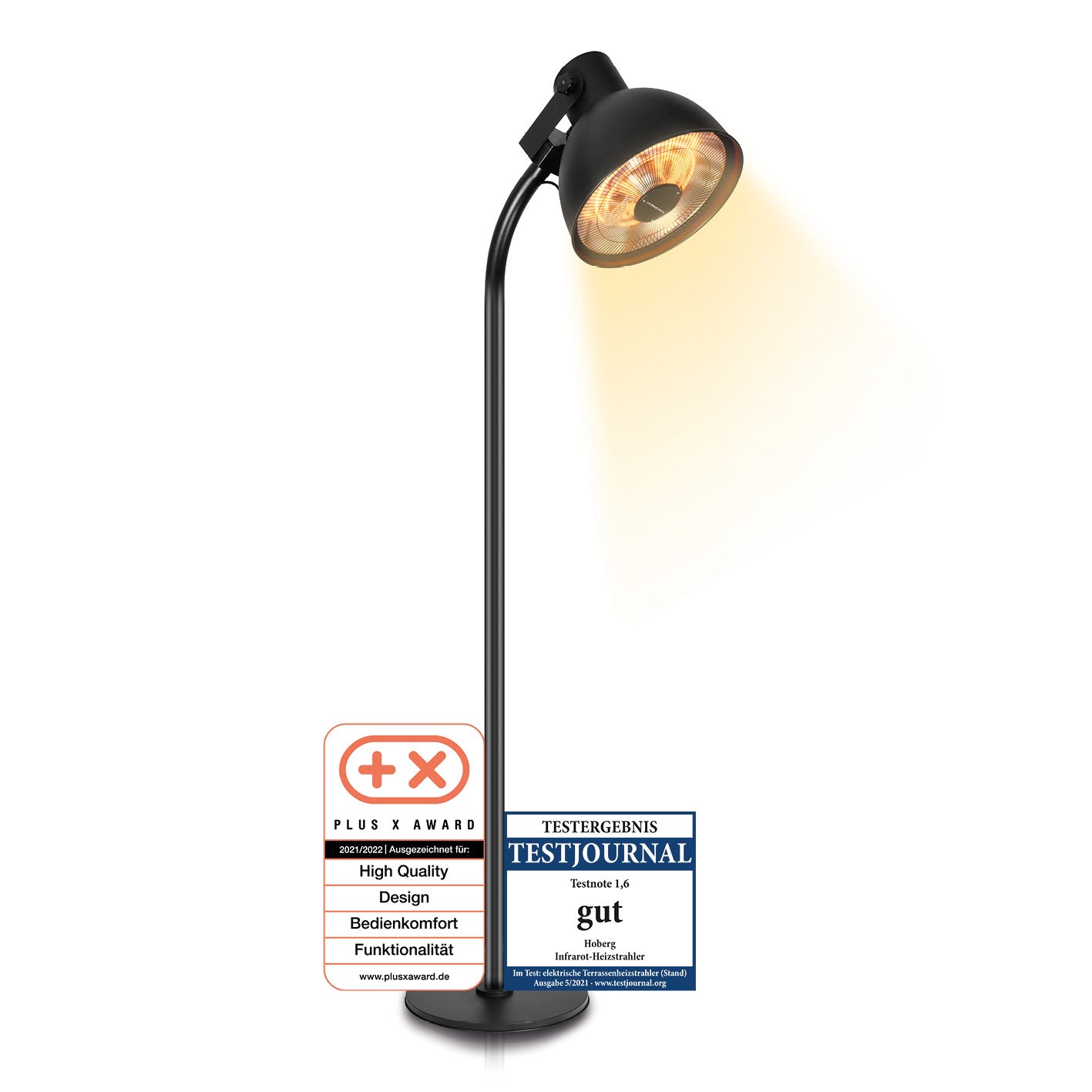 Infrarot-Heizstrahler mit Standfuß, moderner Carbon-Strahler mit verstellbarem Lampenkopf und drei Heizstufen, inklusive Fernbedienung.