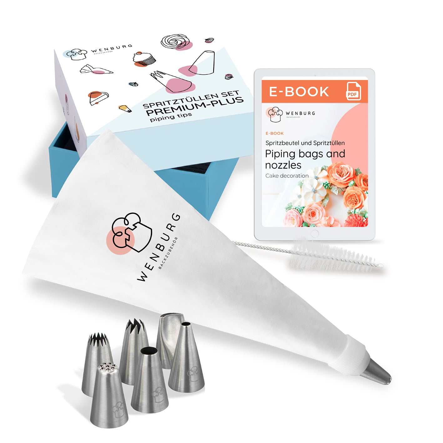 Spritzbeutel-Set - 11 tlg. mit 7 Edelstahltüllen, wiederverwendbarem Baumwollbeutel und E-Book zur Kuchendekoration.