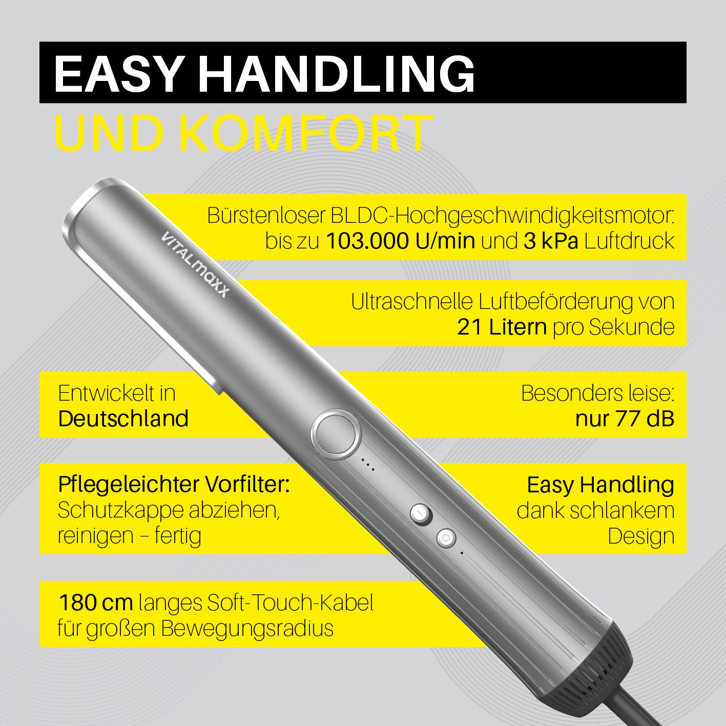 STYLE & SHINE by VITALmaxx Straight & Air Styler mit bürstenlosem Motor, leise, leicht, 180cm Kabel, entwickelt in Deutschland für komfortables Styling.
