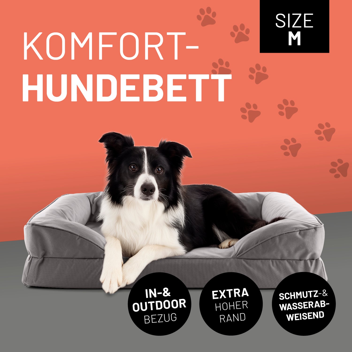 Komfort-Hundebett aus der LUMALAND Outdoor-Kollektion - Gr. M - 90 x 65 cm - Grau mit hohem Rand und wasserabweisendem Bezug