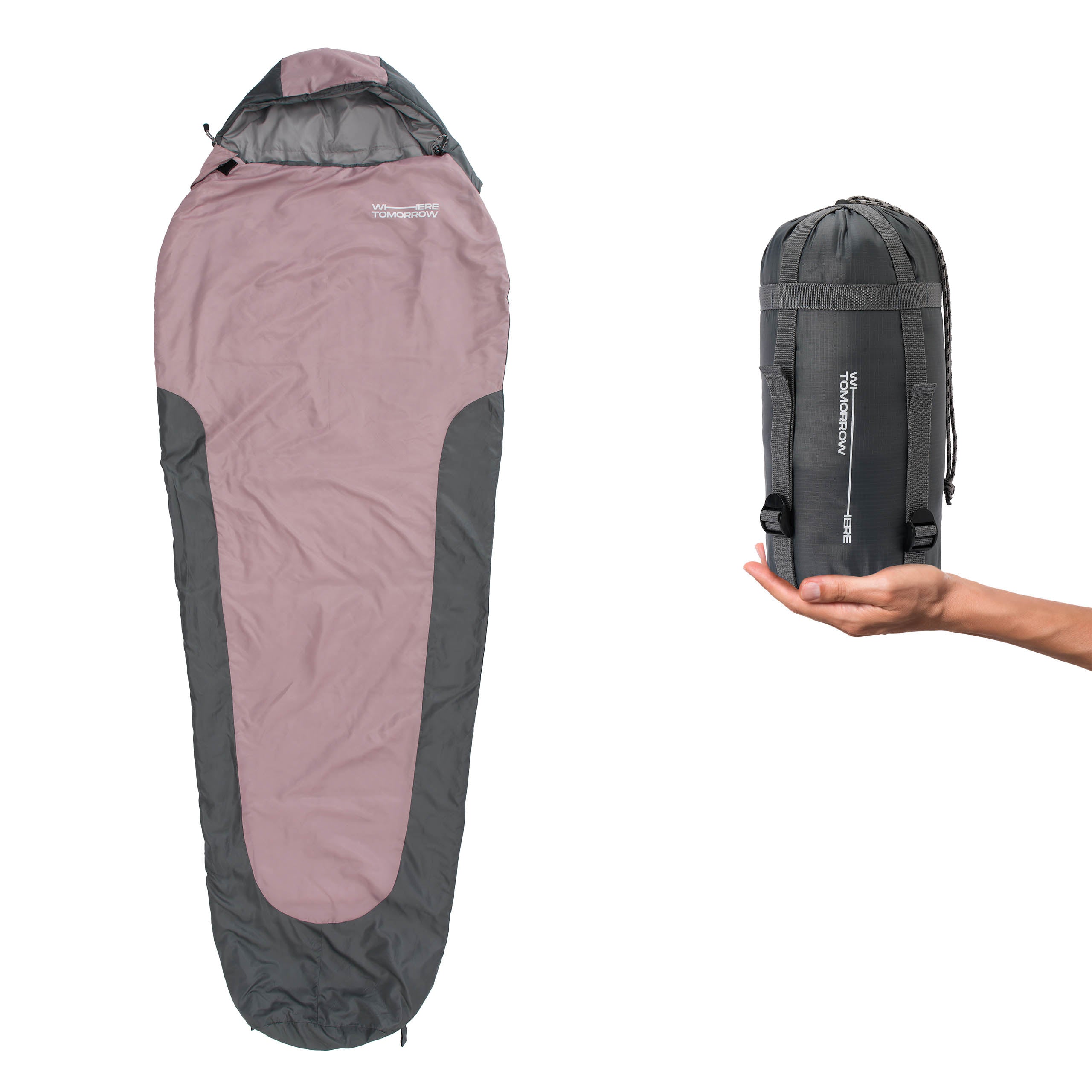 Camping Schlafsack Small & Light - Mumienschlafsack mit Tasche in Rose-Grau, wasserabweisend und platzsparend verstaubar.