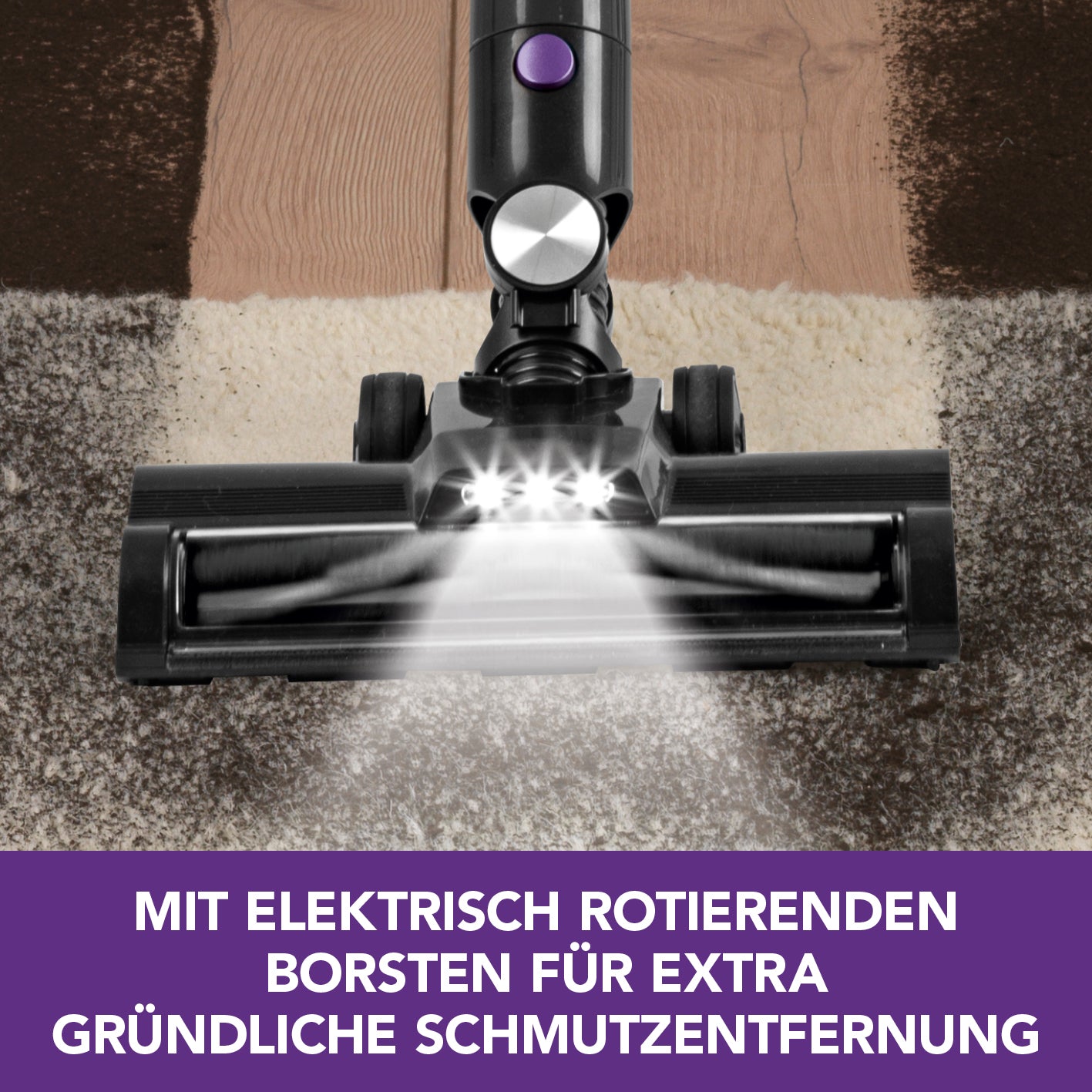Akku-Zyklon-Staubsauger Digital-Display mit elektrisch rotierender Borstenbürste für gründliche Reinigung auf Teppich und Hartboden.