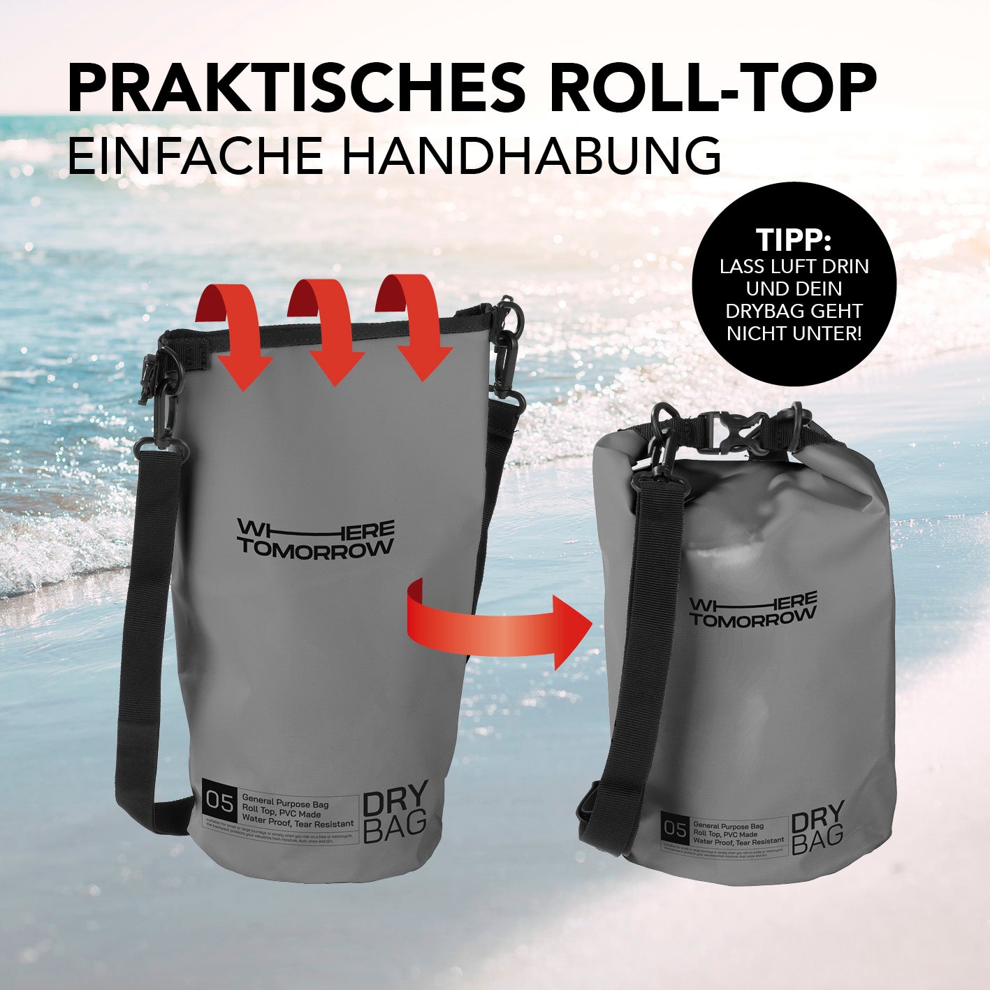Dry Bag 5L - Style 01 - Grau mit wasserdichtem Rolltop-Verschluss und verstellbarem Schultergurt für sicheren Schutz bei Outdoor-Aktivitäten.