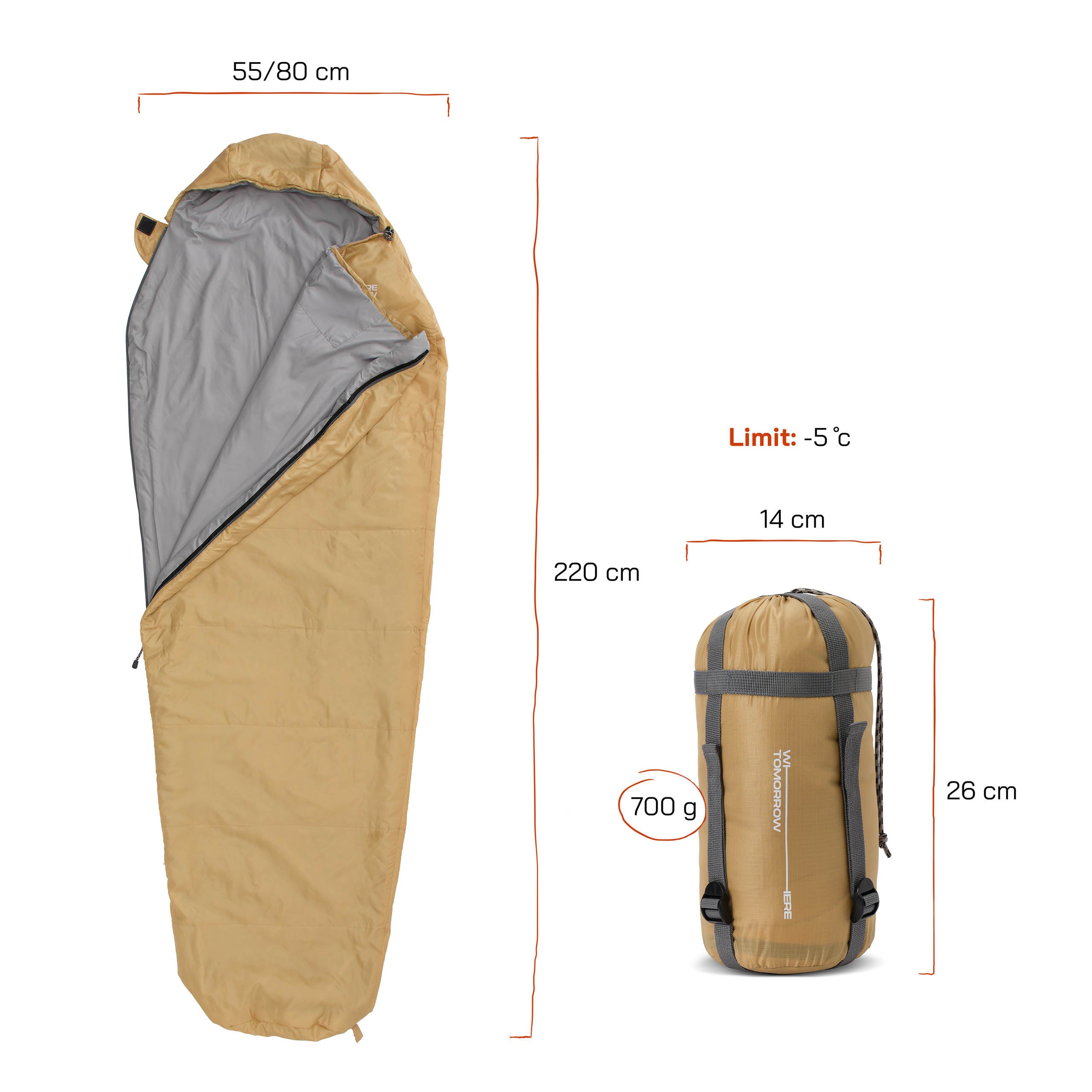 Camping Schlafsack Small & Light - Mumienschlafsack in Curry, 220x80x50 cm, wasserabweisend, leicht, mit Packsack, bis -5 °C.