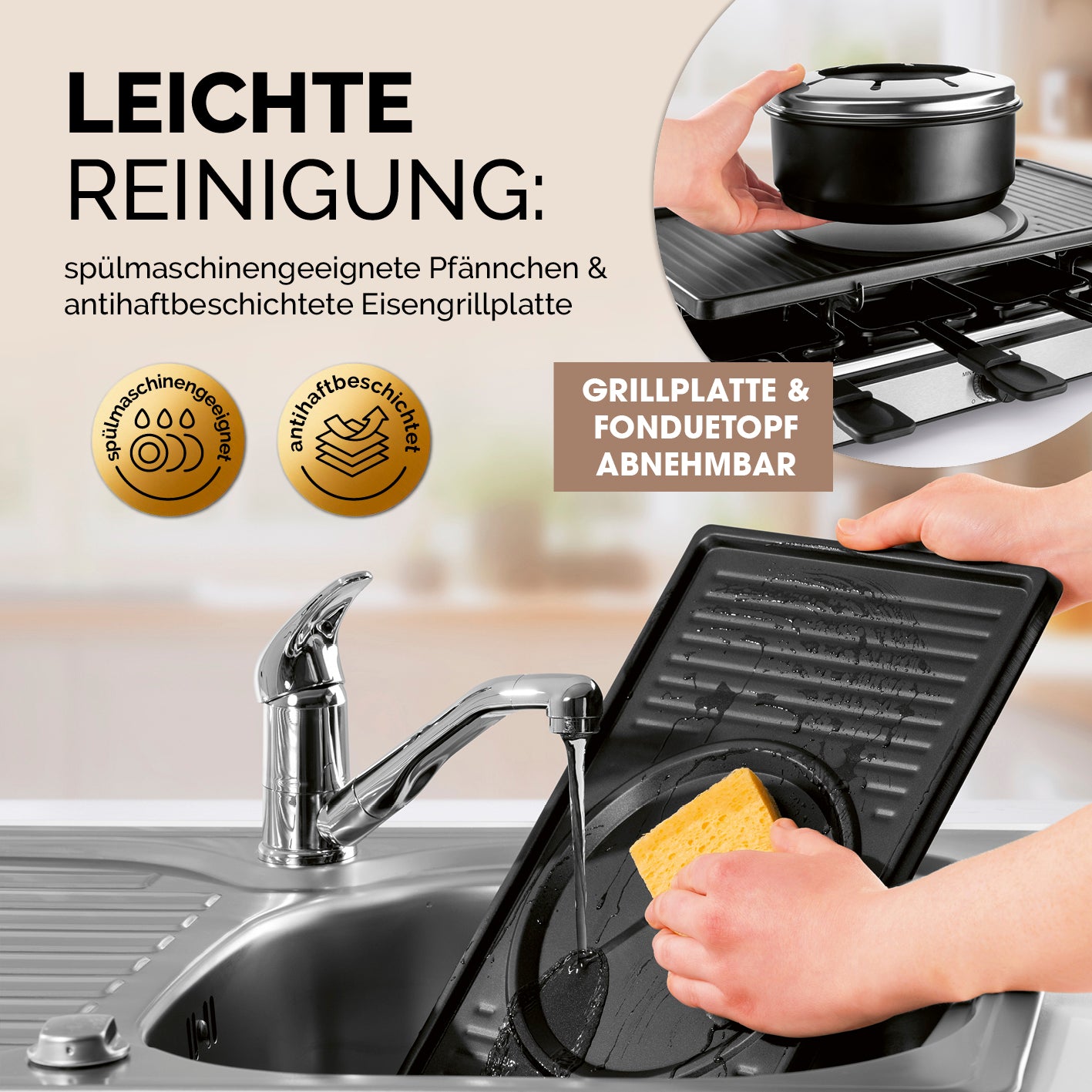 Raclette- und Fondue-Set - 8 Personen mit abnehmbarer Antihaft-Grillplatte und spülmaschinengeeigneten Pfännchen für einfache Reinigung