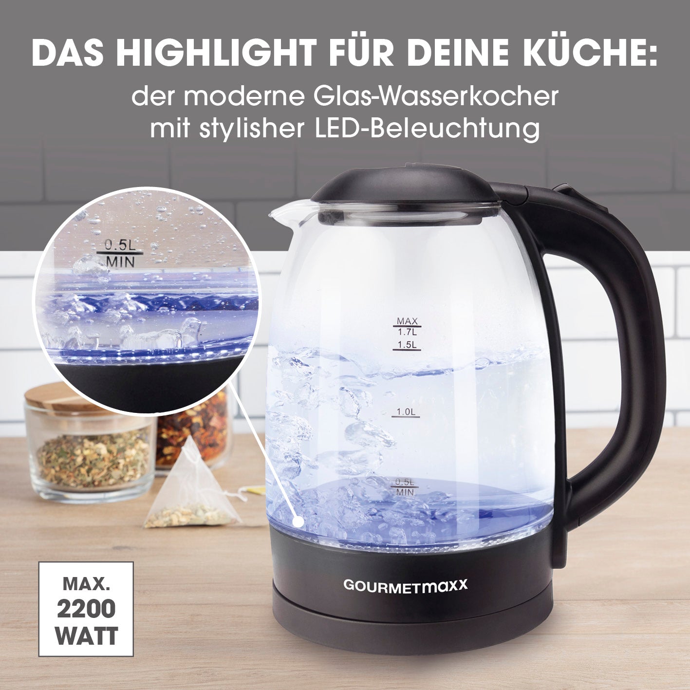 Glas-Wasserkocher 1,7 l - Schwarz mit LED-Beleuchtung, Wasserstandsanzeige, kabellos, 360° drehbar und Kalkfilter, max. 2200 Watt.