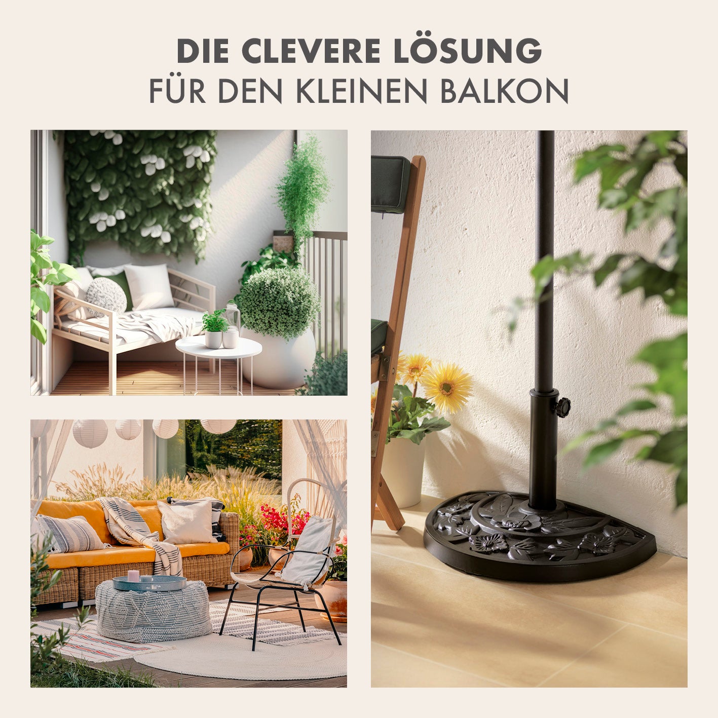 Sonnenschirm mit UV-Schutz mit Sonnenschirmfuß halbrund 270x140 cm beige ideal für kleine Balkone mit nostalgischem Fuß und Handkurbel.