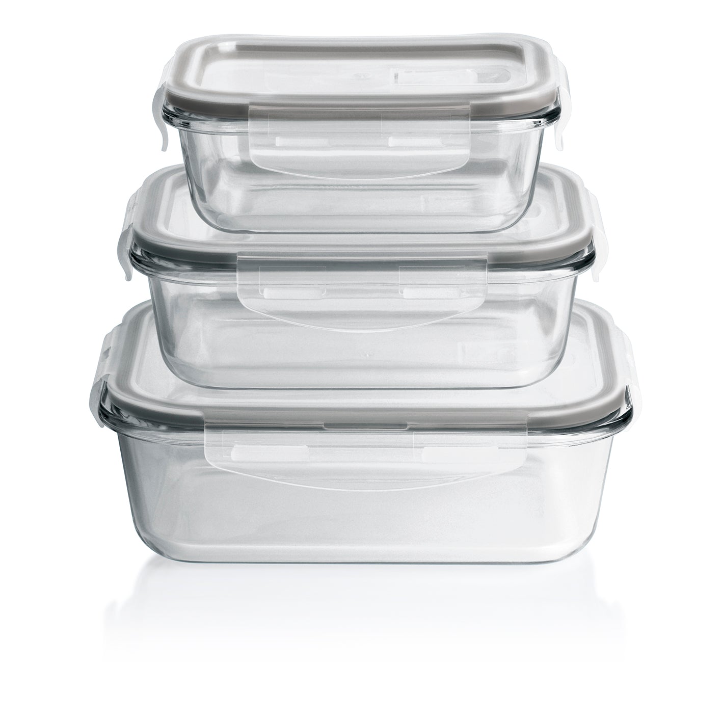 Glas-Frischhaltedosen Klick-it mit Mikrowellen-Ventil - 6-teilig Set, auslaufsicher, hitzebeständig, stapelbar, grau, mit 4-fach-Klickverschluss.