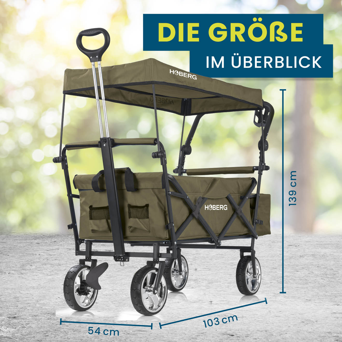 Faltbarer Bollerwagen - Beige mit stabilem Nylonbezug und wasserfestem Dach, Maße 139x54x103 cm, ideal für Ausflüge und Transport.