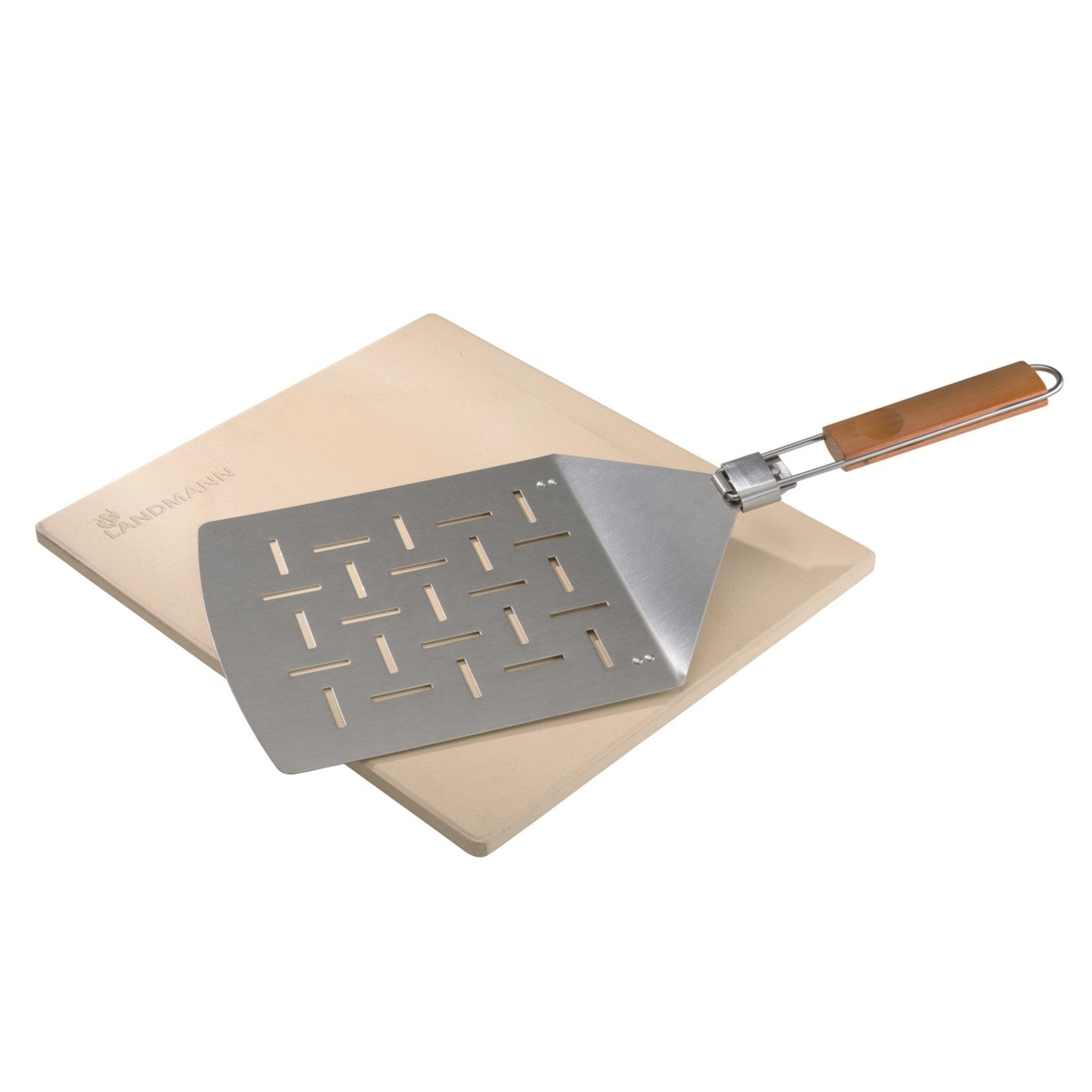 Selection Pizzastein-Set mit Cordieritstein und klappbarem Edelstahl-Pizzaheber mit Bambusgriff für Grill und Backofen.