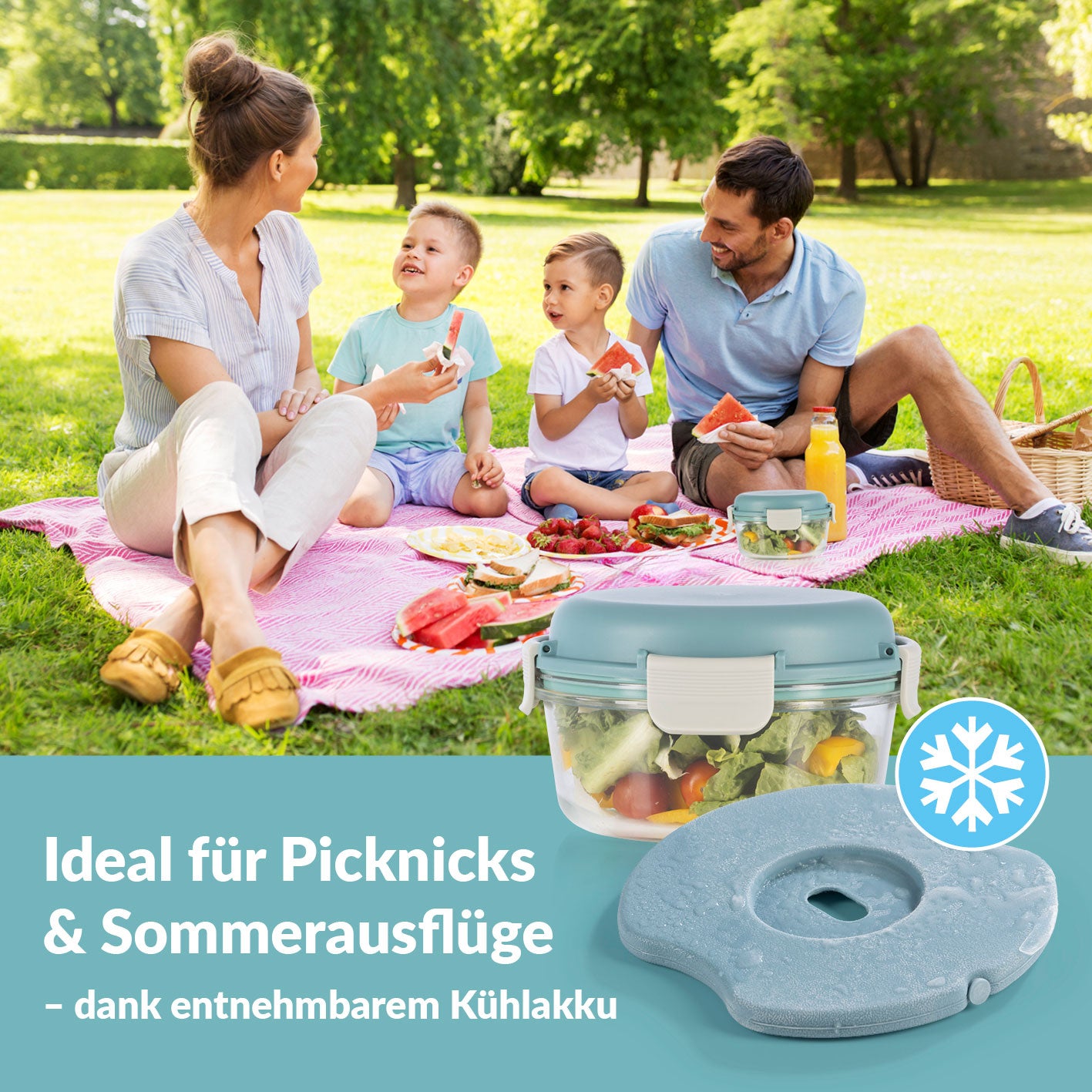 Glas-Lunchbox Klick-it mit integriertem Kühlakku 950 ml grau/grün, praktische Frischhaltedose ideal für Picknicks und Sommerausflüge.