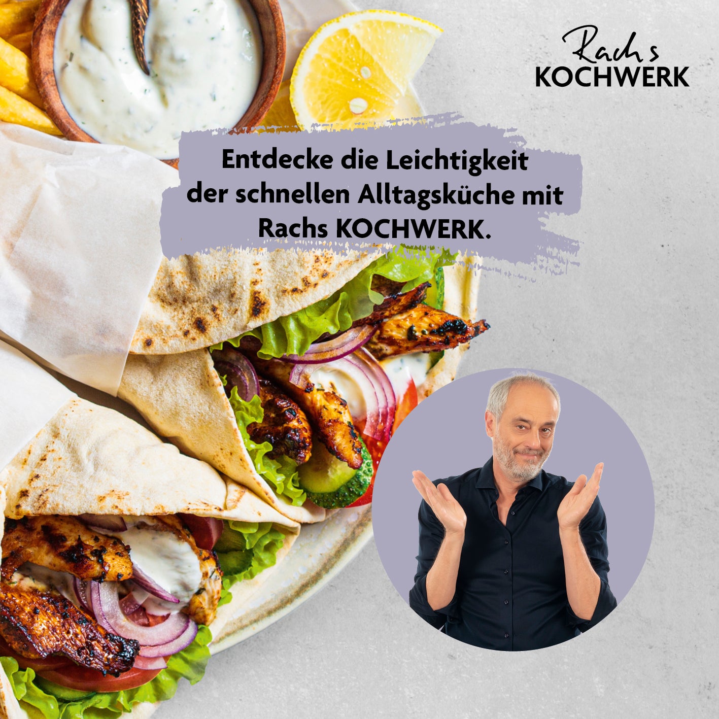 Dönergrill - Schwarz zeigt saftige Dönerfleisch-Spieße mit frischem Gemüse, perfekt zubereitet dank 360°-Rotation und großem Heizelement.