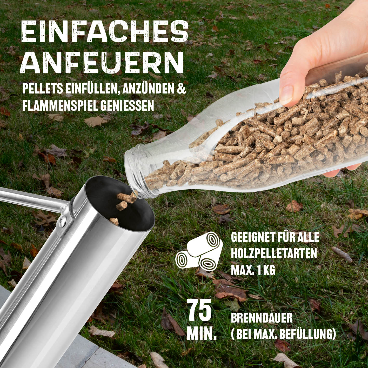 Pellet-Feuersäule mit einfachem Einfüllen von Pellets für bis zu 75 Minuten langlebiges, raucharmes Flammenspiel im Garten.